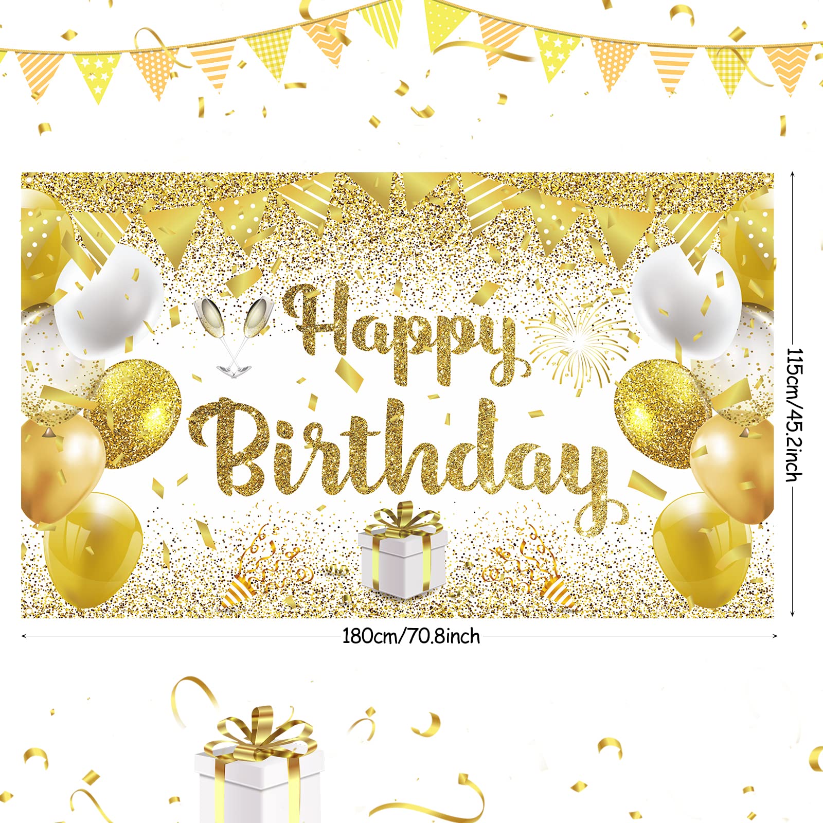 Gold White Birthday Party Decorations Banner, Gold And White Happy Birthday Banner, Large Gold White Birthday Banner Party Decor