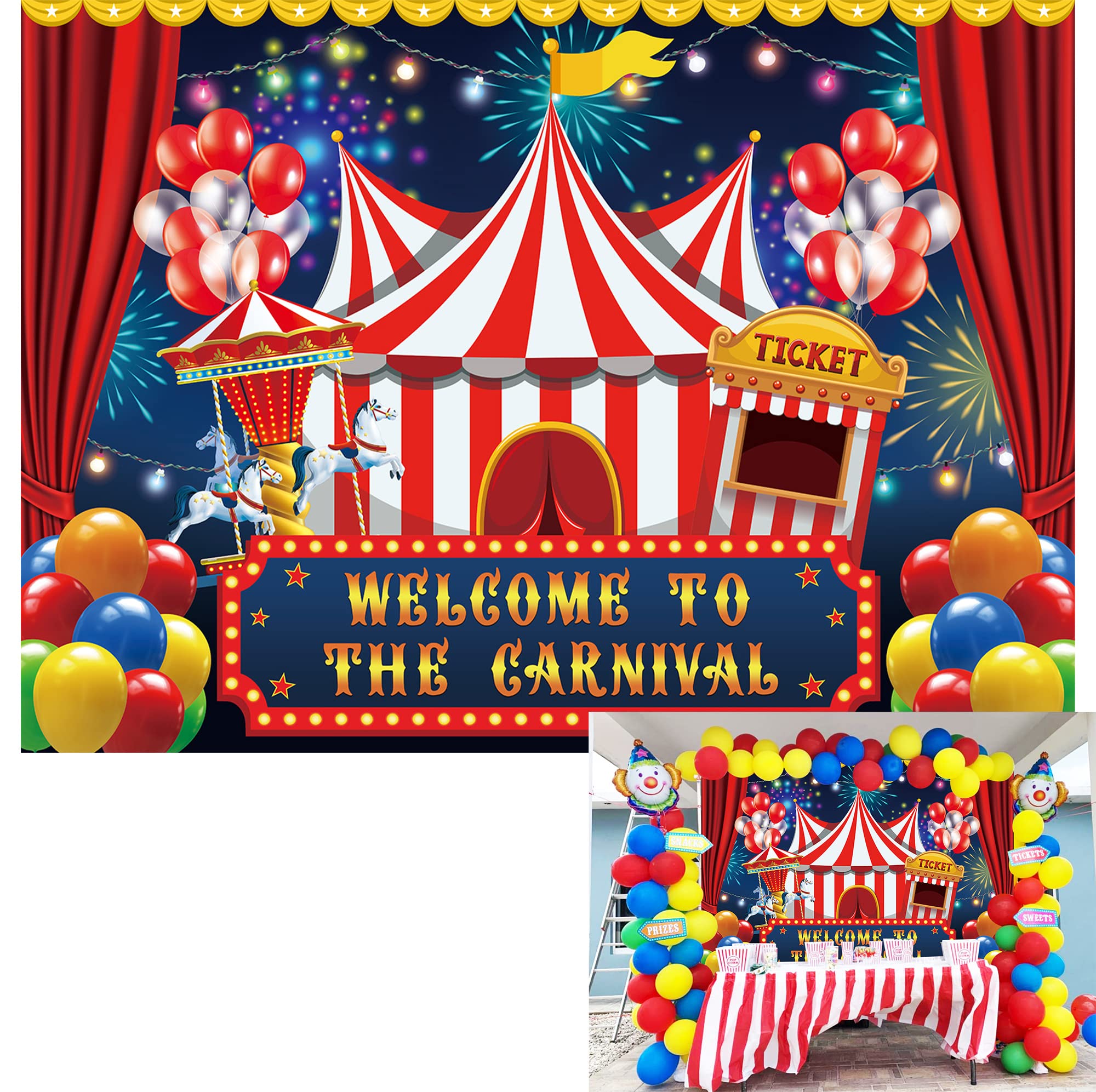 7X5Ft Carnival Circus Backdrop Circus Tent Party Backdrop Carousel Ticket Booth Background Child Kid Boy Baby 1St Birthday Carni