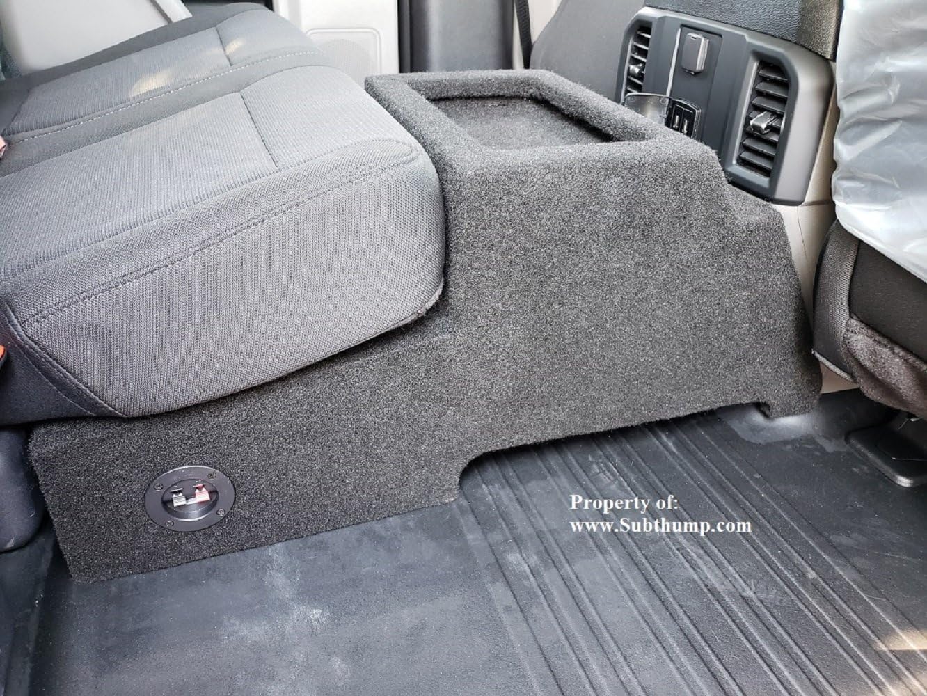 Subthump 12" Downfire Subwoofer Enclosure for 2015-2020 Supercrew F150, Model F150SCR15-Console-12-Blk