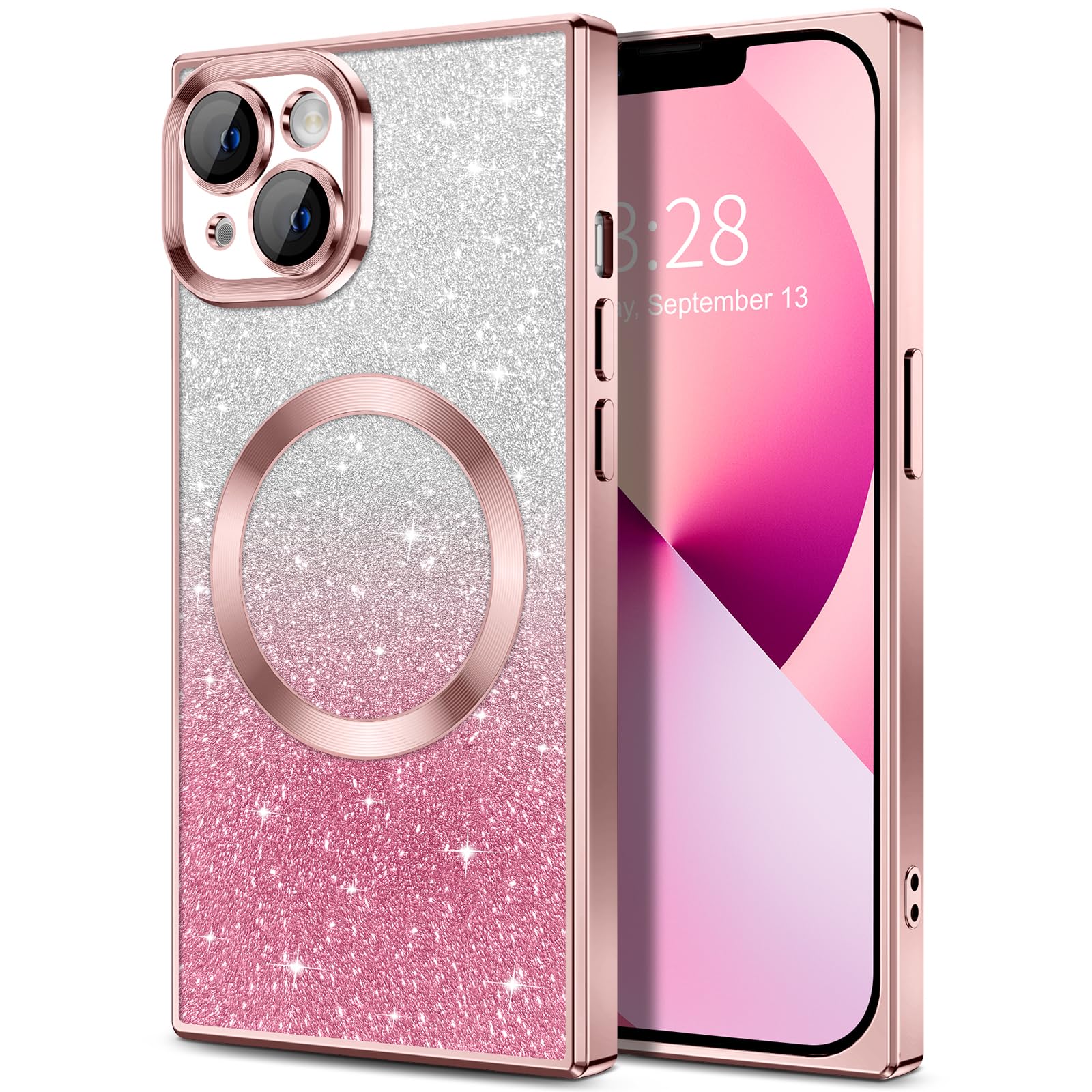 Hython For Iphone 13 Case Clear Magnetic Glitter Phone Cases [Compatible With Magsafe] Full Camera Lens Protector Gradient Spark