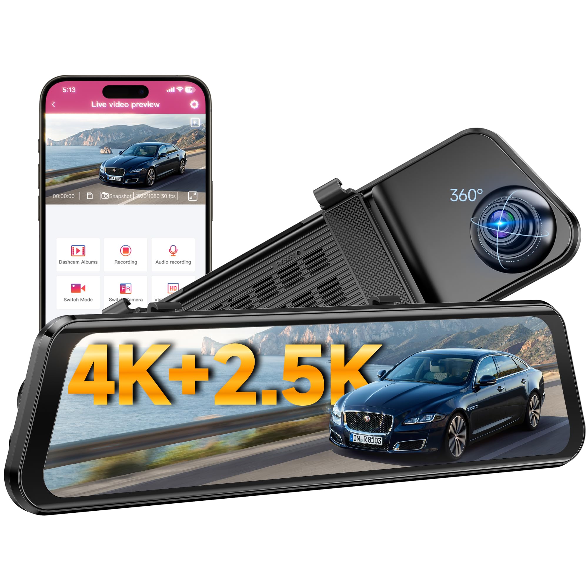 2 Mirror Camera OMBAR 4K+2.5K Rear View Mirror Camera with ADAS BSD and LCA, 12 Smart ...
