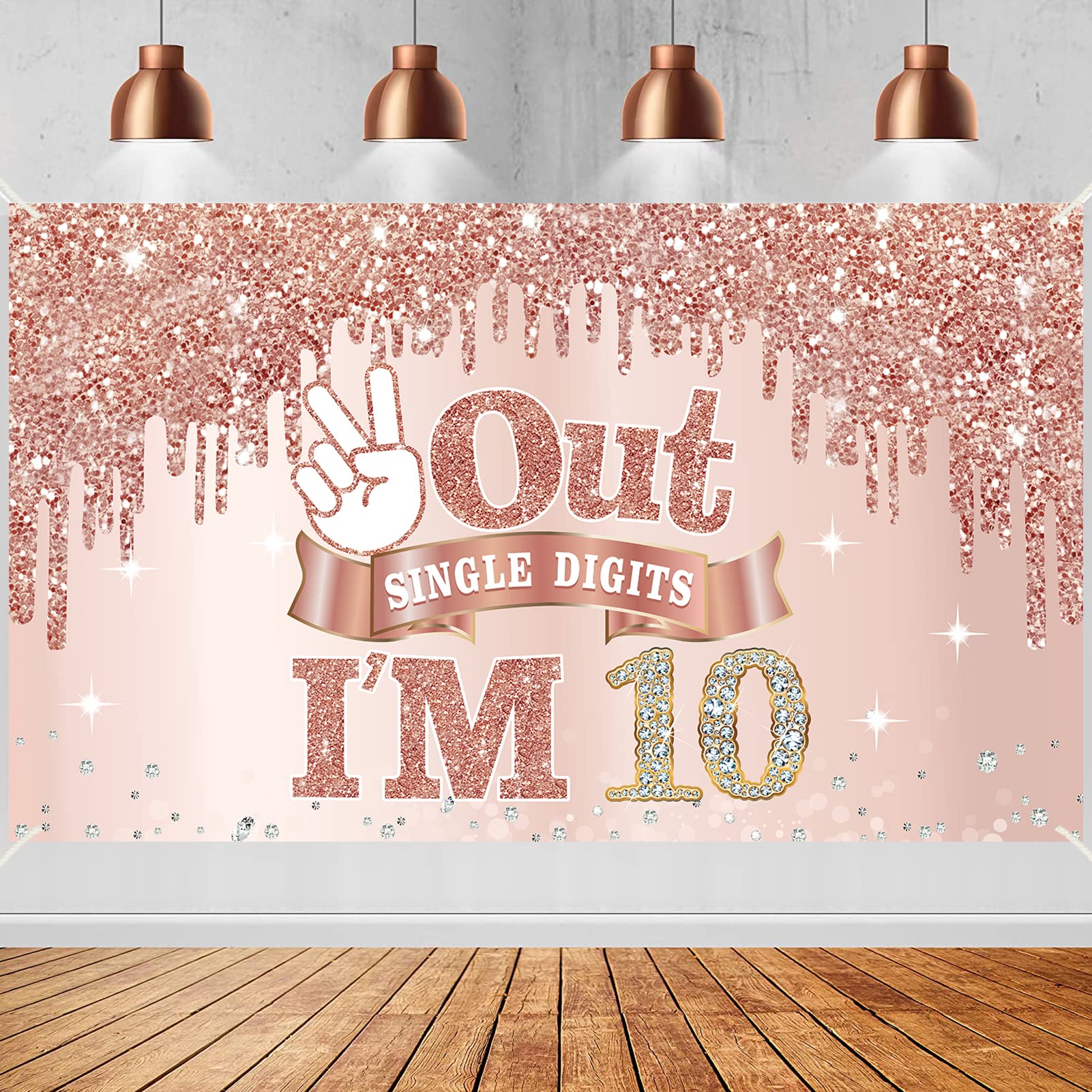Large 10 Years Old Birthday Banner Decorations For Girls, Pink Rose Gold 10Th Birthday Backdrop Party Supplies, Out Single Digit