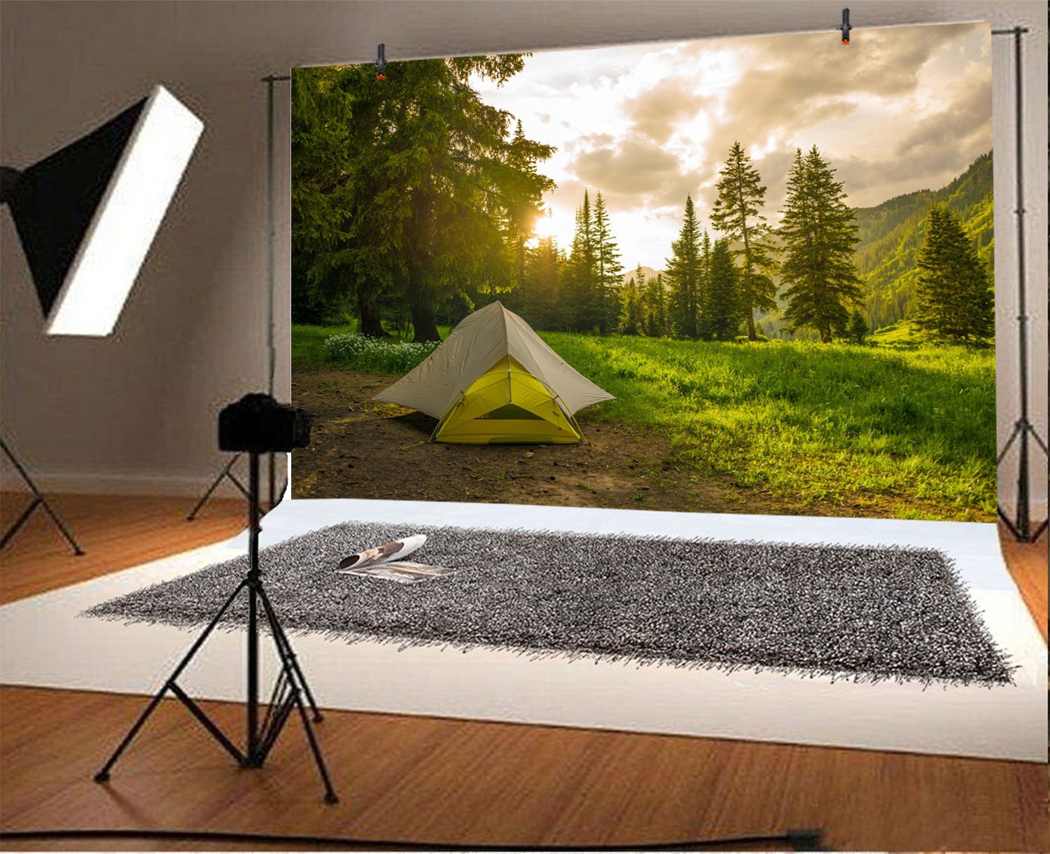Lfeey 7X5Ft Pine Forest Camping Backdrop For Photoshoot Sunrise Outdoor Travel Mountains Landscape Grassland Camp Tents Photogra