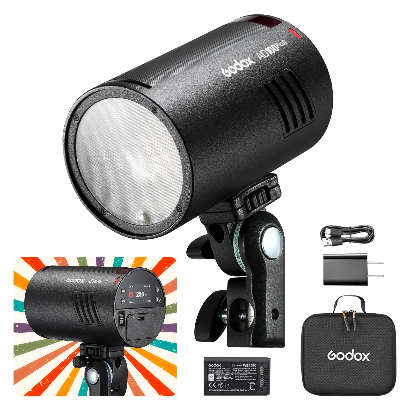 Godox AD100ProII 100Ws Pocket Portable Studio Flash, Compatible with Canon Nikon Sony, 2600mAh Battery 360 Flashes 1/8000s HSS T