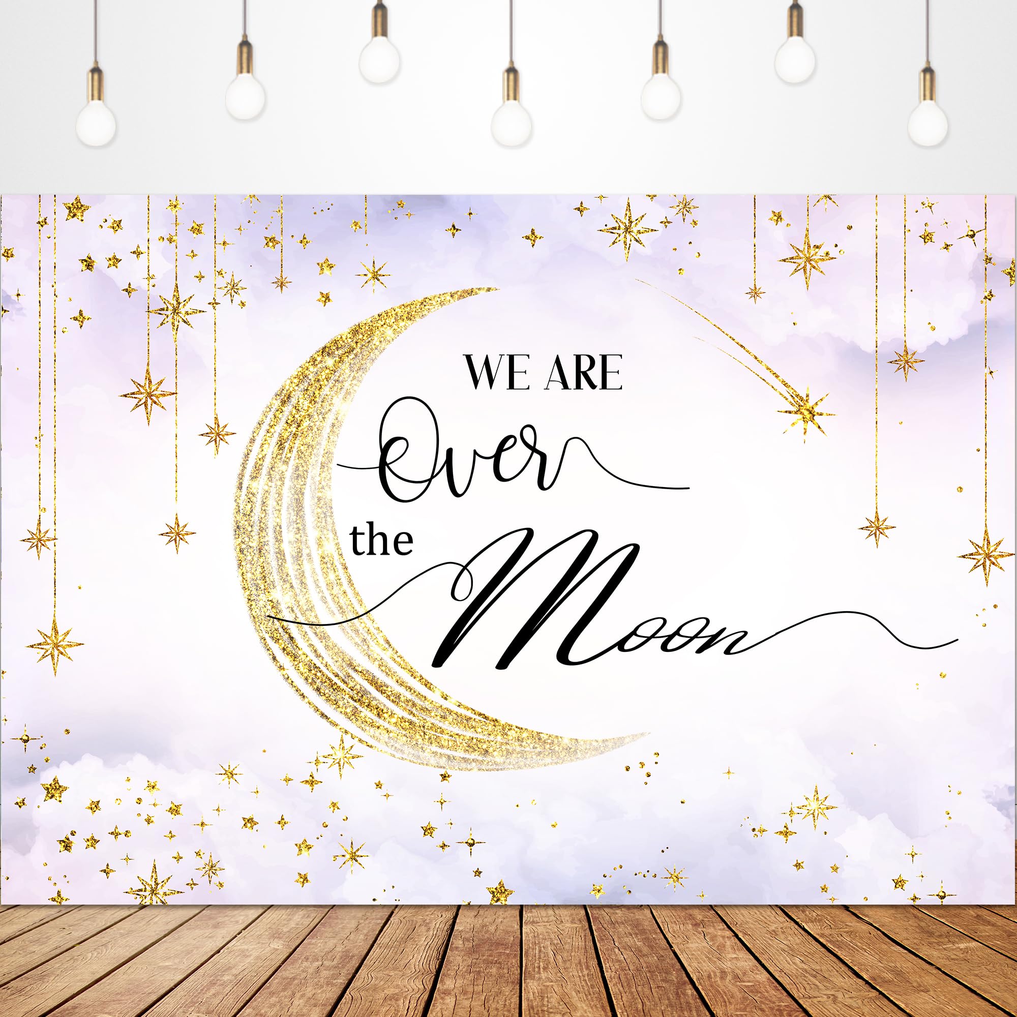 Glawry Over The Moon Baby Shower Decorations Backdrop 7Wx5H Feet Purple Watercolor Boho Stars Starry Gold Dots Celestial Girl Ba