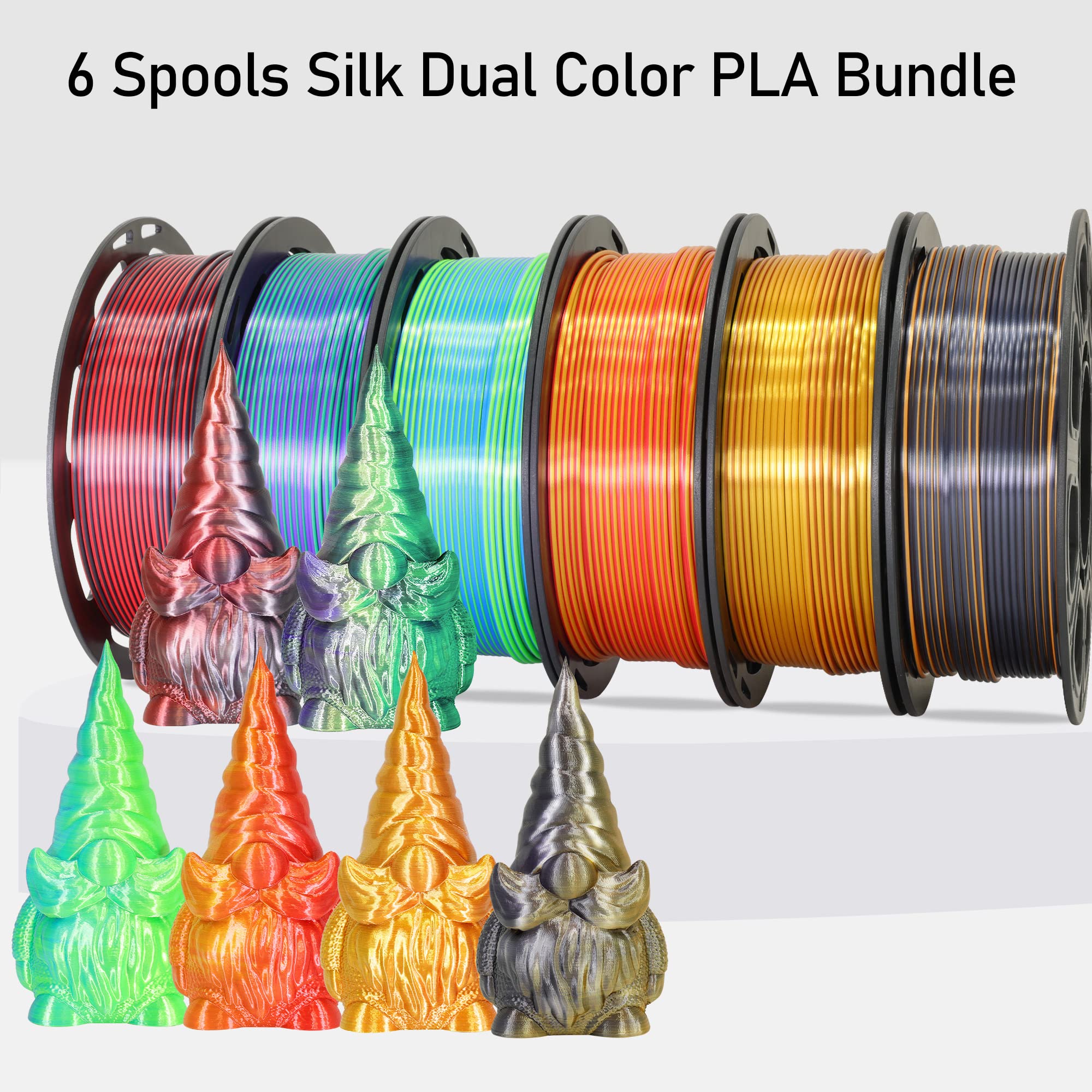 6 Spools Bicolor Dual Color 1.75Mm 3D Printer Filament Bundle, 3D Printing Silk Pla, Silk Black-Purple/Purple-Gold/Black-White/B