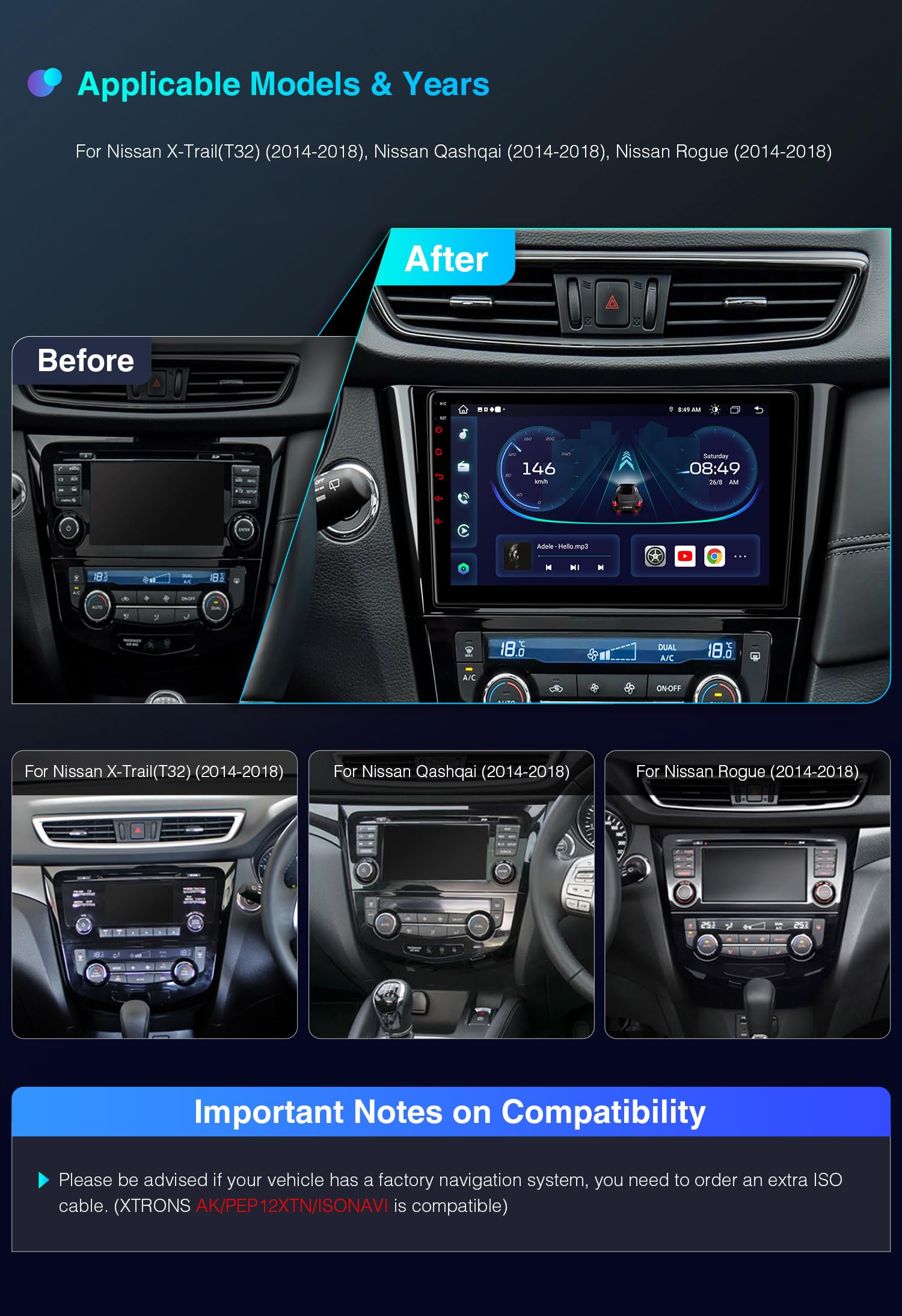 Xtrons Car Stereo For Nissan Rogue X Trail Qashqai, Android 13 Octa Core Car Radio Player, 10.1 Inch Ips Touch Screen Gps Naviga