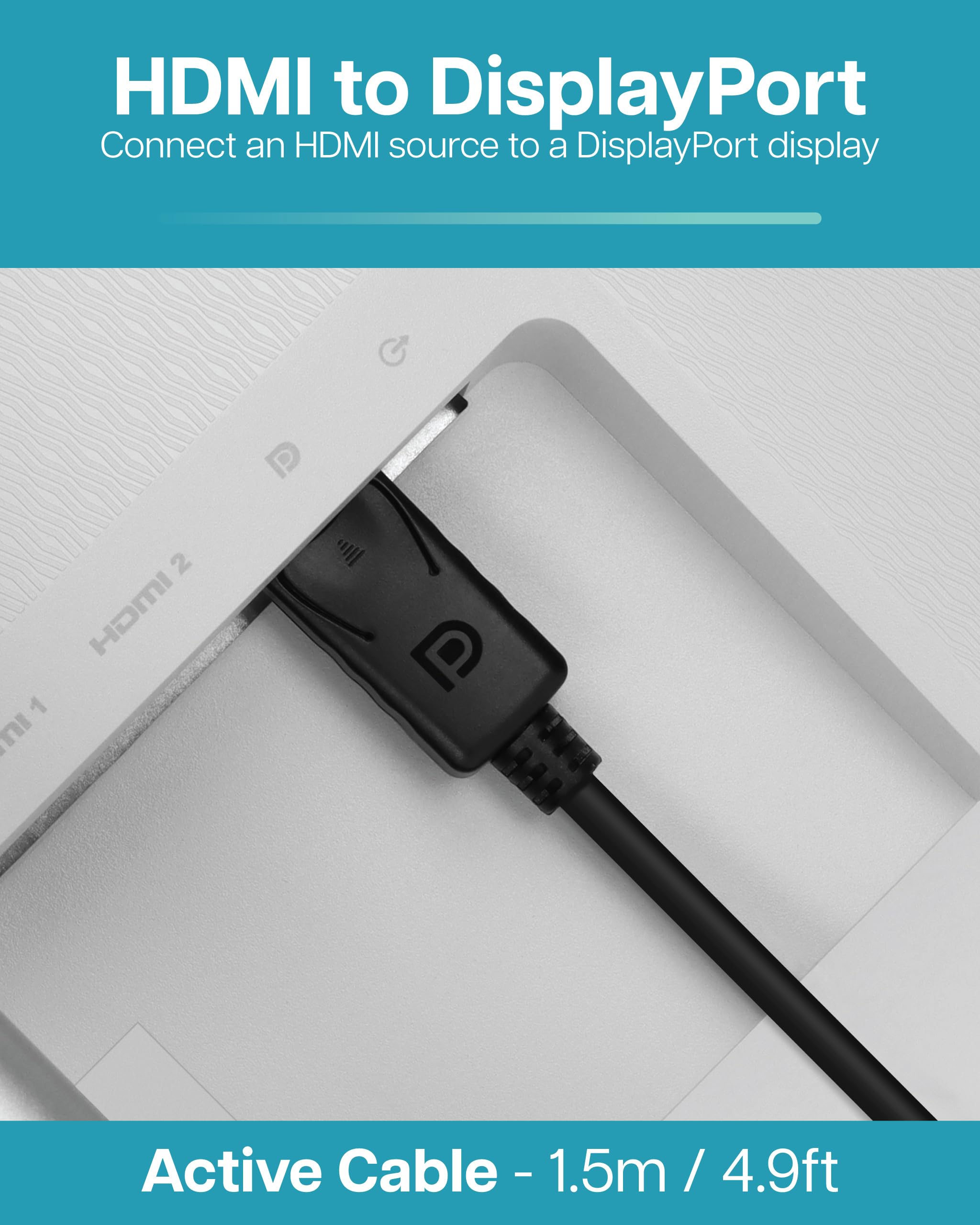 Visiontek Hdmi To Displayport Active Cable, 5 Feet, Male To Male, For Lenovo, Dell, Hp, Desktop Graphics And More (900822)