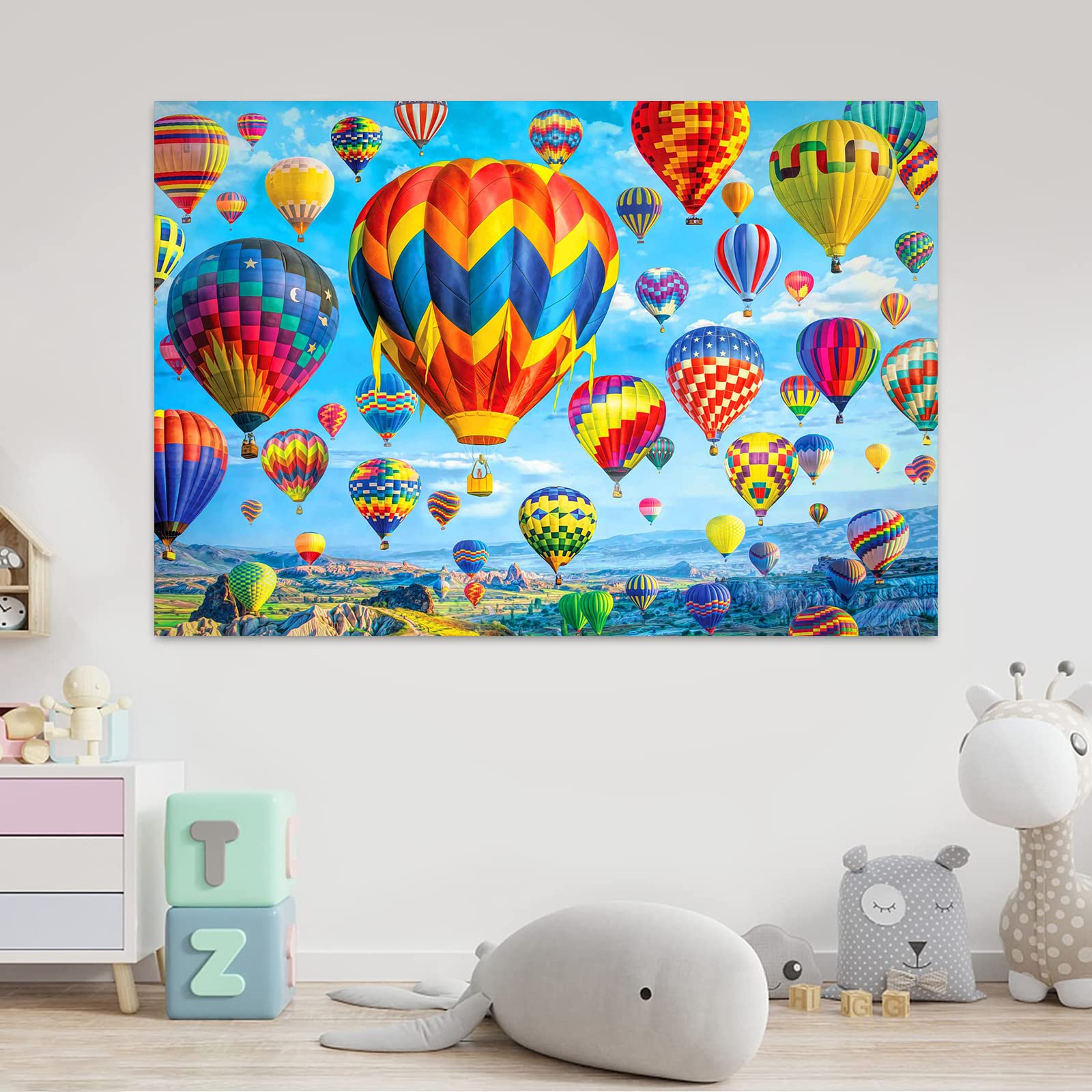 Emdspr 5X3Ft Hot Air Balloon Backdrop Colorful Rainbow Sky White Clouds Photography Background Mountains Natural Landscape Space