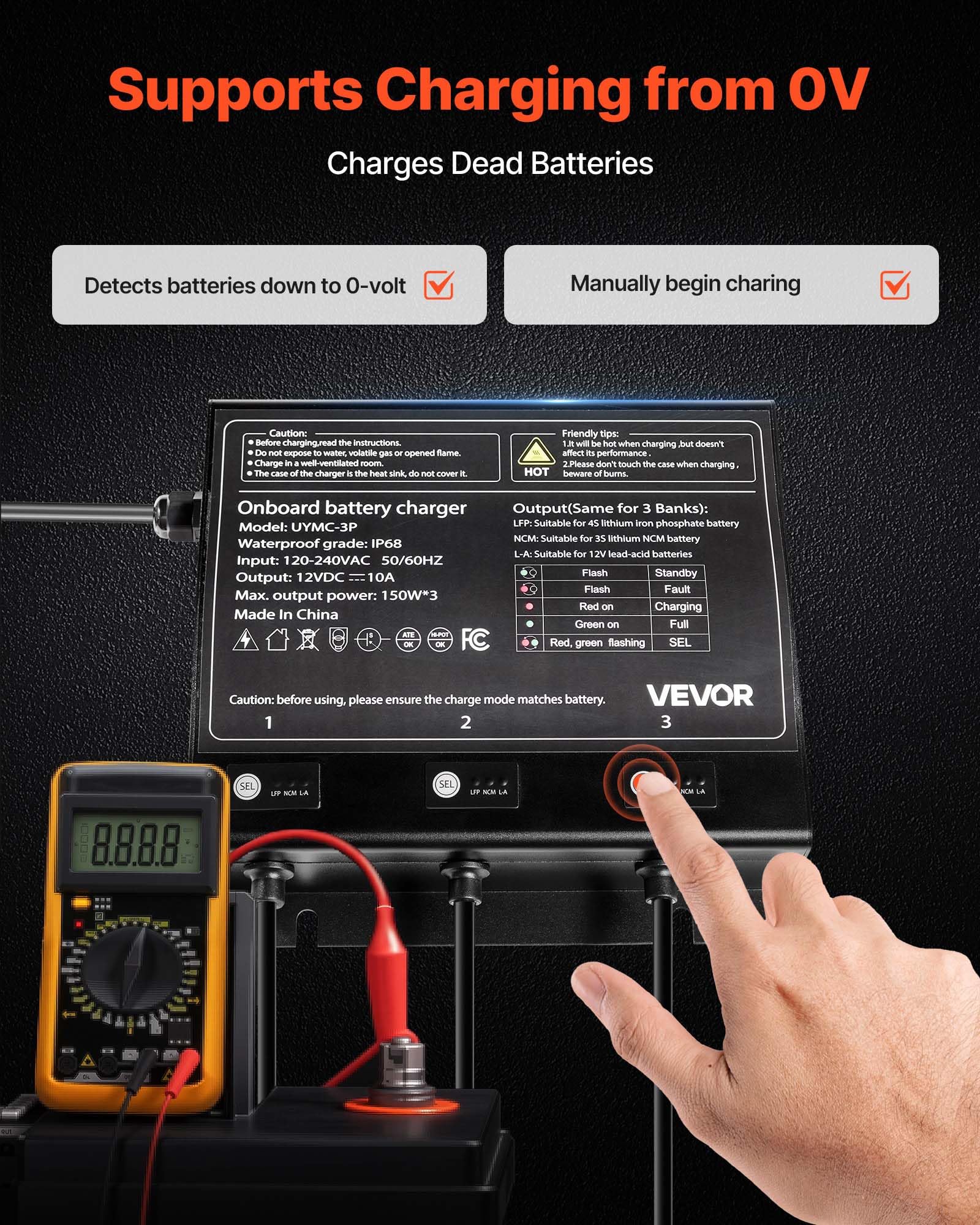 Vevor Marine Battery Charger, 3-Bank, 10A X 3, 12V Onboard Battery Charger, Ip68 Waterproof Smart Boat Charger, For Lithium-Ion