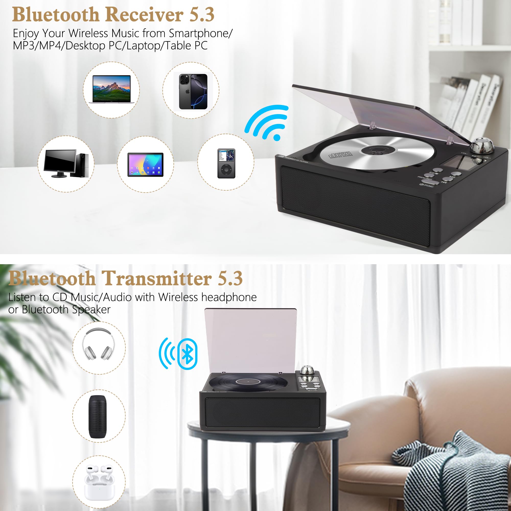 M-Amazup Cd Player Portable, Desktop Cd Players For Home With Rechargeable Battery, Dual Speakers, Support Opt/Usb/Tf Card/Aux/F