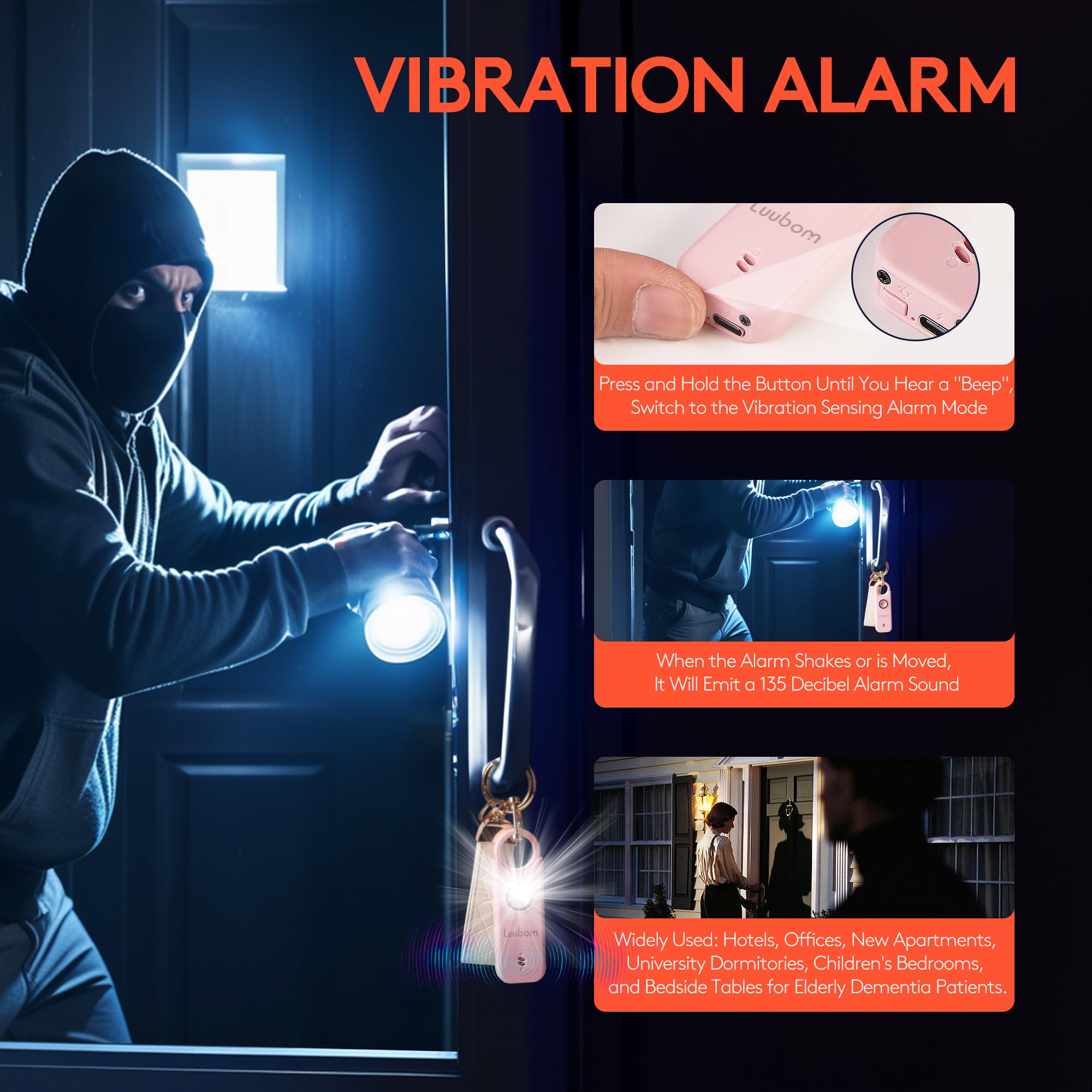 Luubom Personal Safety Alarm Rechargeable, 135 Db Loud Siren With Led Strobe Light And Key Chain In Pop Colors For Women Kids El