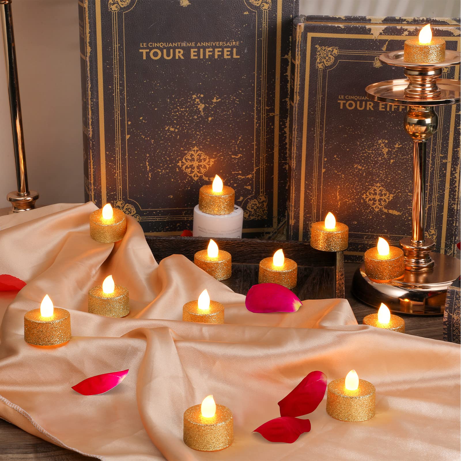 Mudder 24 Pieces Gold Tea Lights Led Candles Tealights Flameless Votive Battery Operated Tea Lights Electric Glitter Tealight Fo