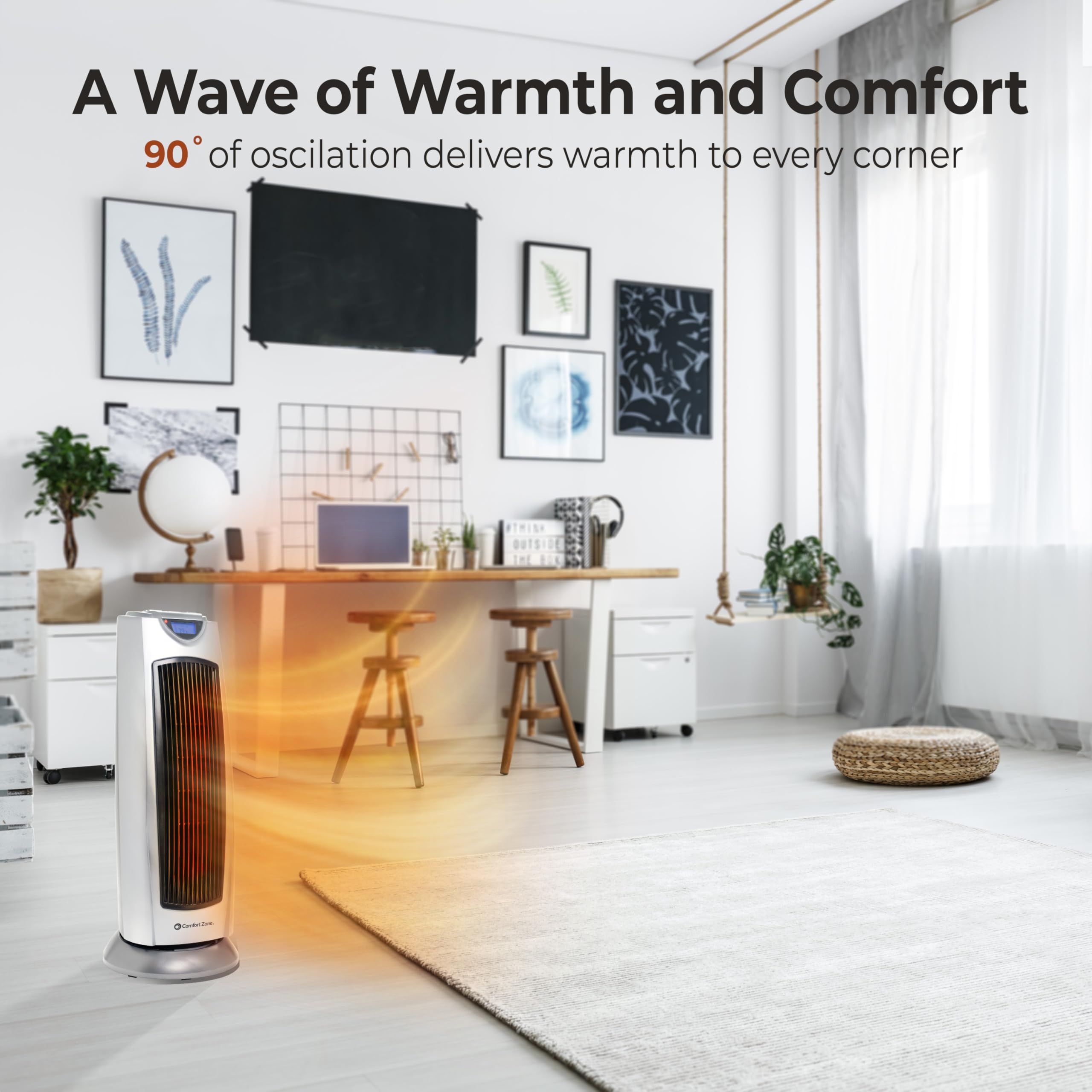 Comfort Zone Electric Oscillating Ceramic Tower Space Heater, Remote, Backlit Digital Thermostat & Temperature Display, Timer, &