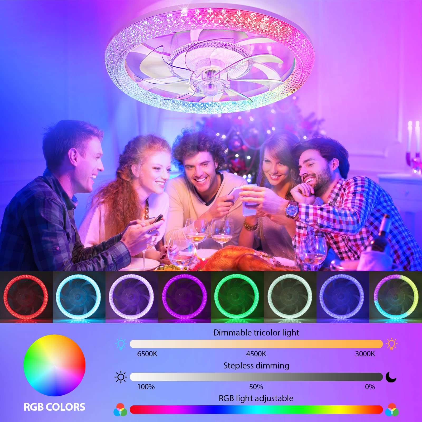 Vookea 2 In 1 Rgb Led 20    Ceiling Fans With Lights And Remote, 3000 6500K Dimmable Flush Mount Low Profile Ceiling Fan With Li