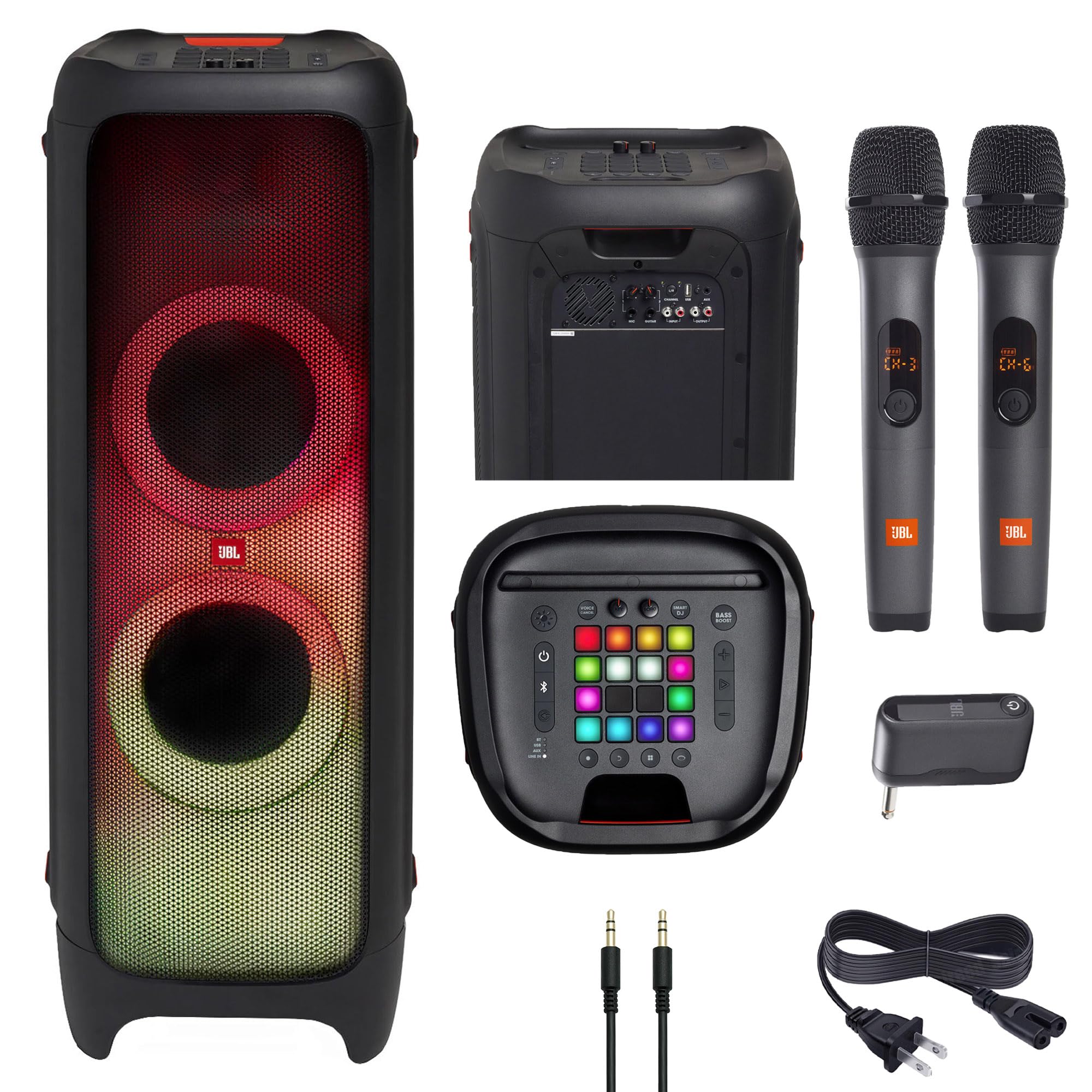 JBL PartyBox 1000 High Power 1100W Wireless Bluetooth Party Speaker (JBLPARTYBOX1000AM) + Wireless Two Microphone System with Re