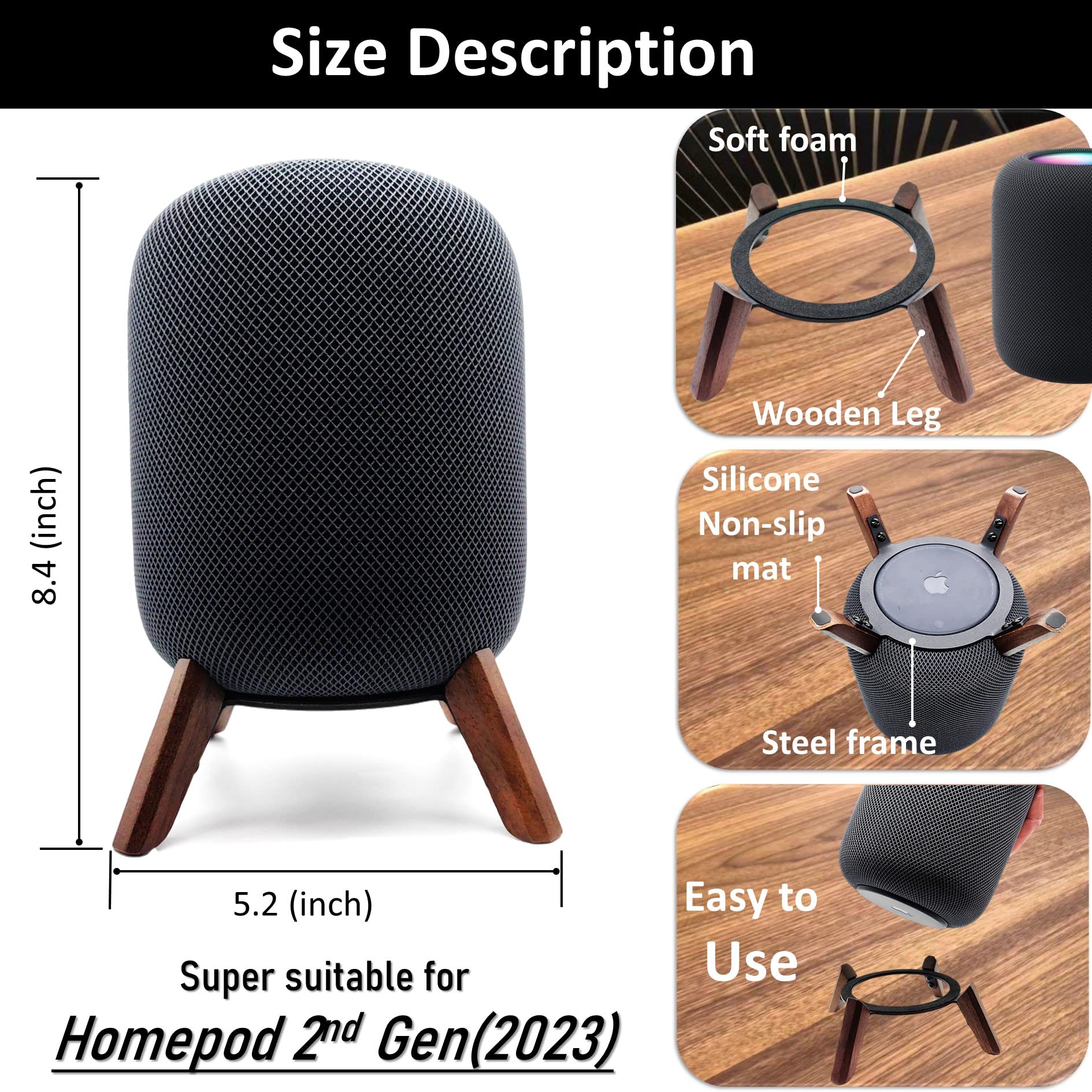 Real Wood Stand For Homepod 2Nd Gen (2023 Released), Wooden Holder With Metal Frame For Better Sound,Sturdy Stable Mount With Anti Slip Protects Apple Home Pod 2Nd Smart Speaker (Walnut)