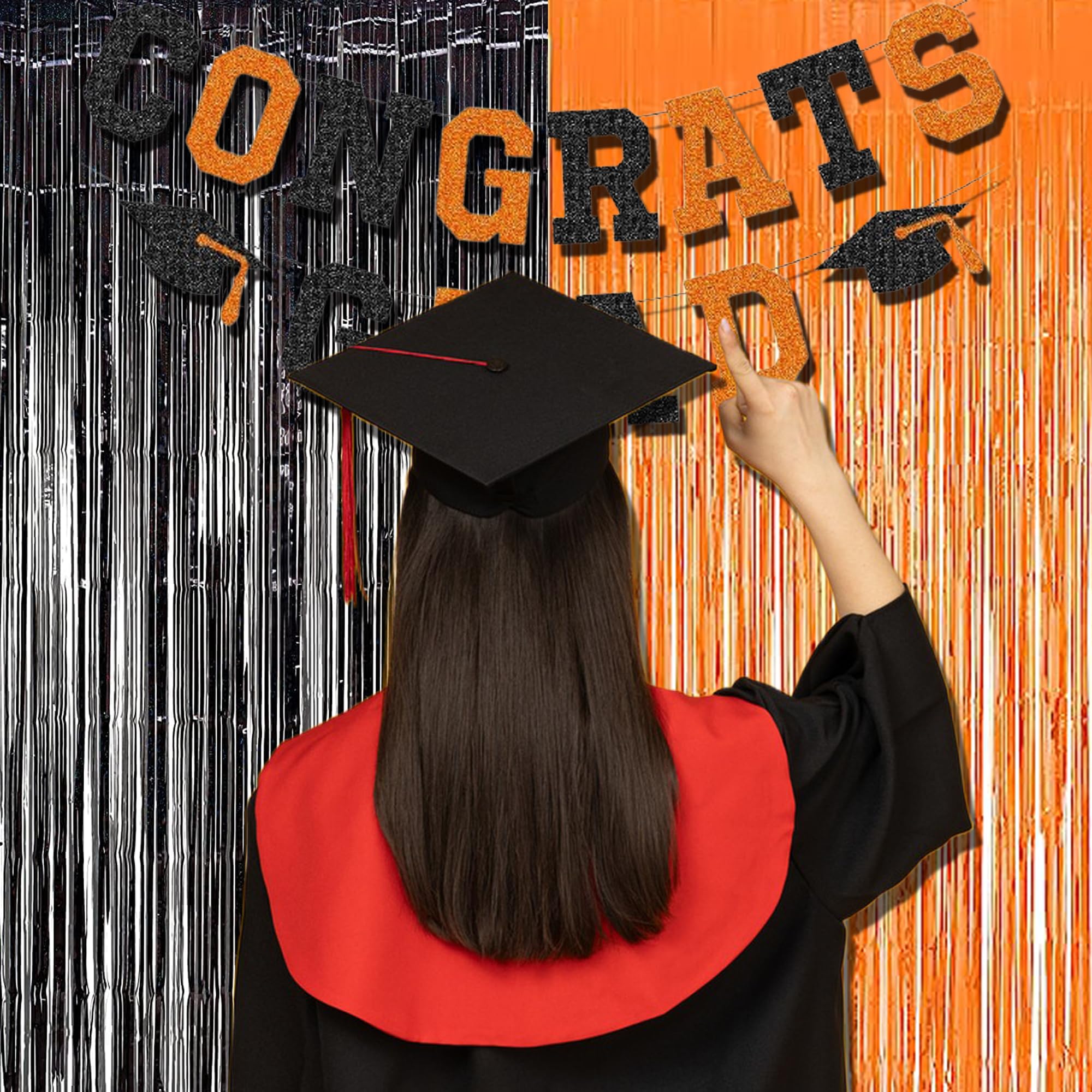 Braveshine 1 Black 1 Orange Tinsel Photo Backdrop Curtains   3.2X8.2Ft Foil Fringe Streamer Curtain For Birthdays, Halloweens, G