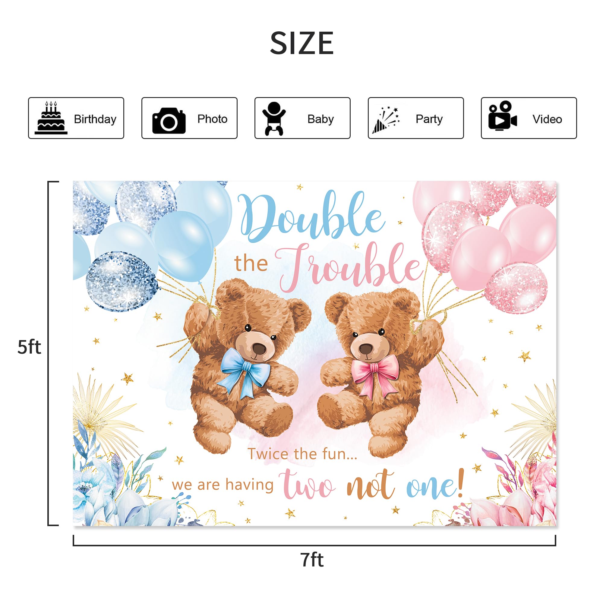 Lightinhome Double The Trouble Twice The Fun We Are Having Backdrop 7Wx5H Feet For It'S Twins Baby Shower Blue Pink Bear Gender