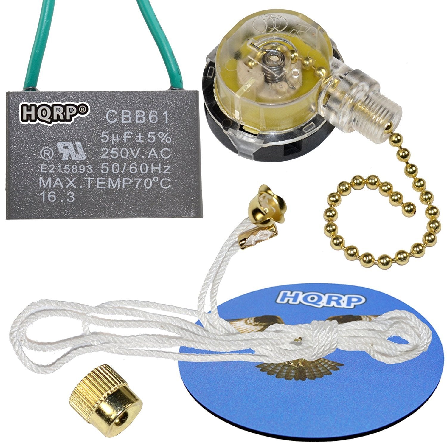Hqrp Kit Ceiling Fan Capacitor Cbb61 5Uf 2 Wire Ul Listed And 3 Speed Fan Switch
