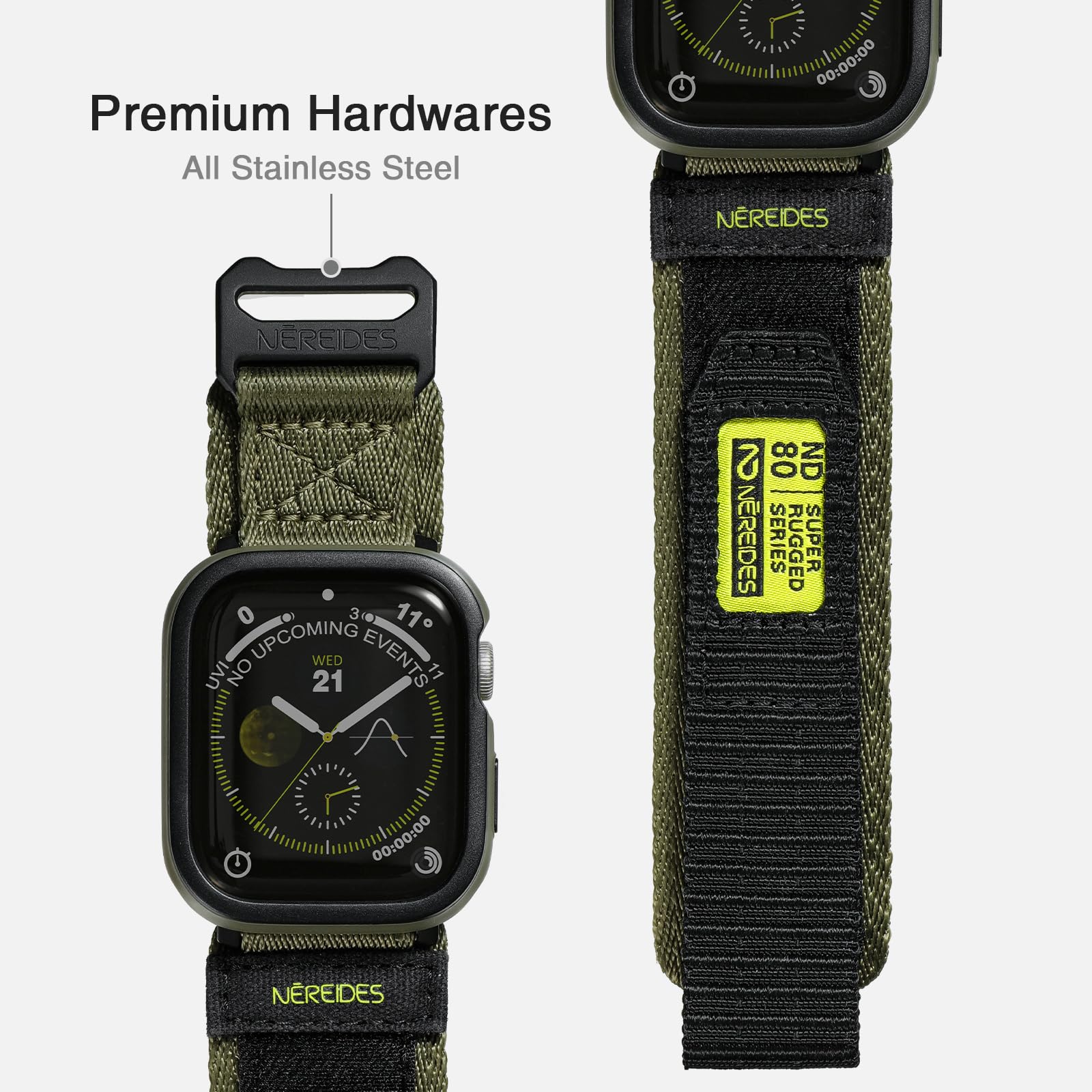 Rugged Case With Band For Apple Watch Series 9/8/7 Band 45Mm, Hook And Loop Nylon Sport Strap With Case For Iwatch Men(Army Gree