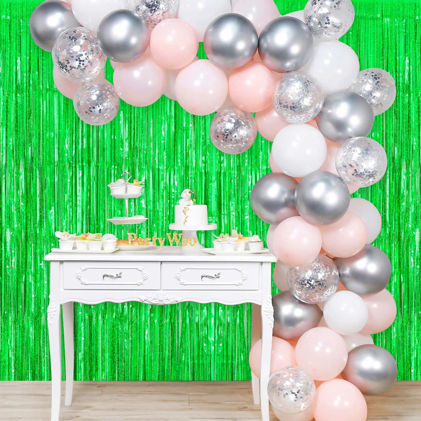 Green Tinsel Foil Fringe Curtain Backdrop, 3.3 X 8.2 Ft Metallic Glitter Curtain Streamers, 2 Pack Green Photoboth For Birthday