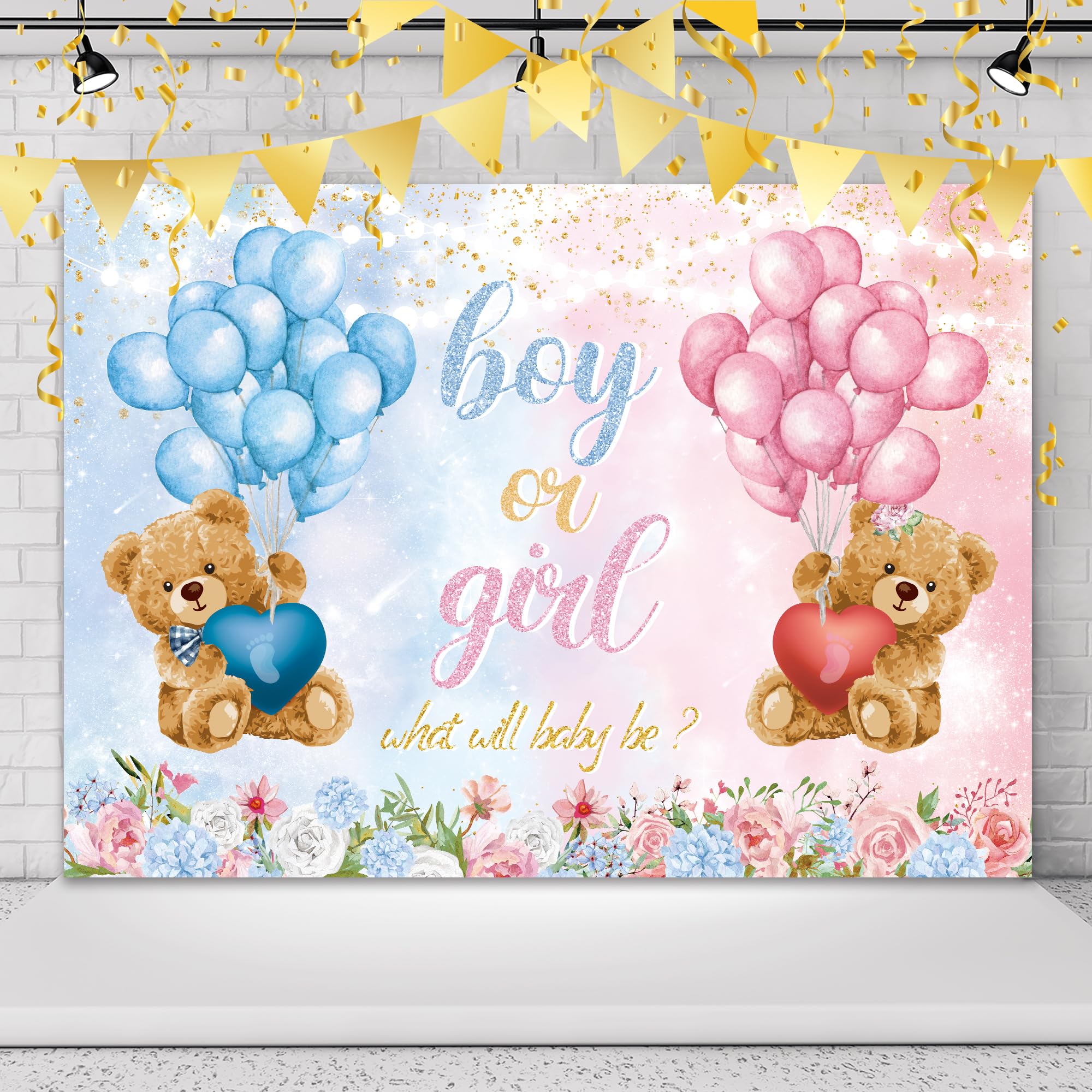 Omifly Bear Gender Reveal 7Wx5H Backdrop For Photography Boy Or Girl Pink Blue Balloon Floral Rose For Newborn Baby Shower Backg