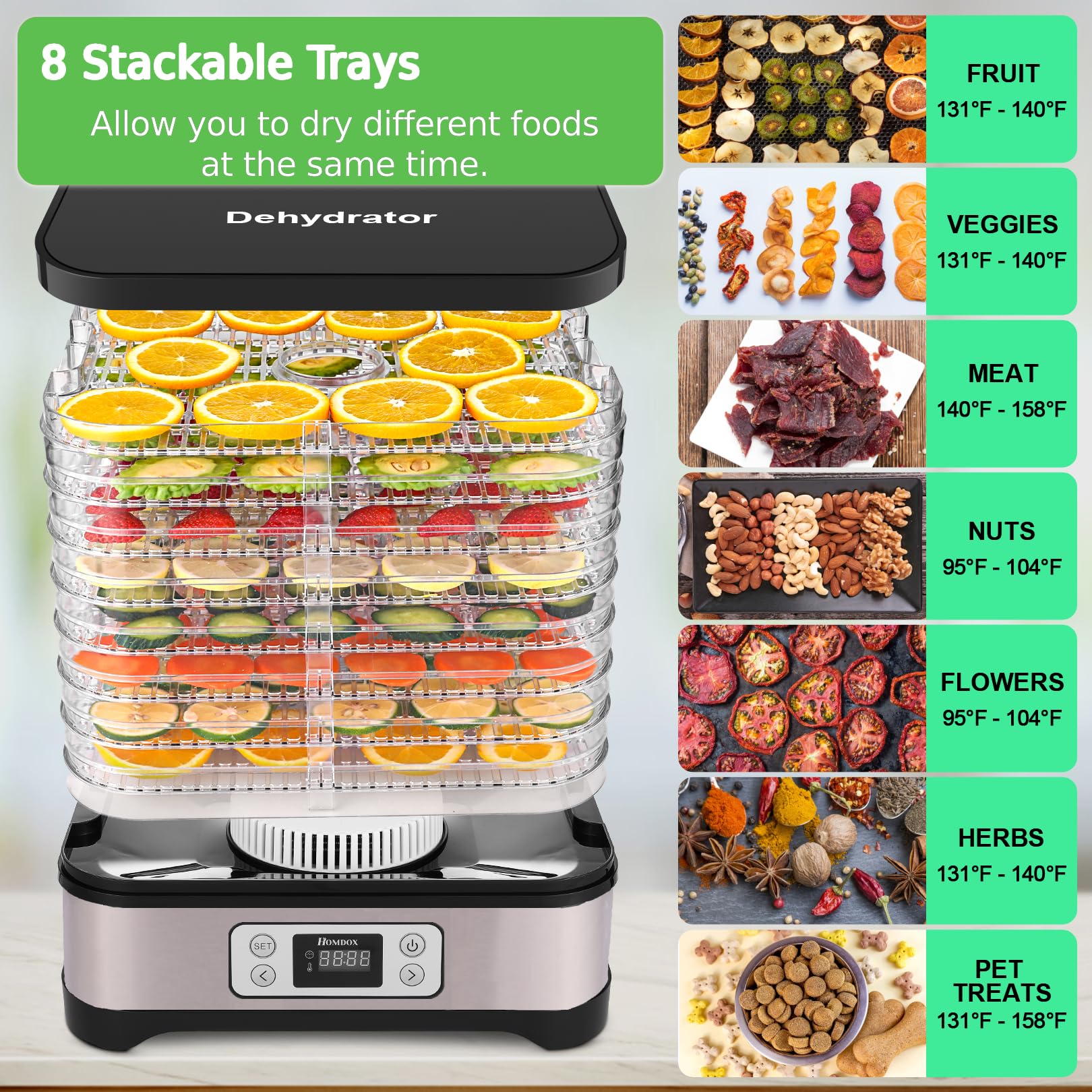 Homdox Food Dehydrator, 8 Bpa Free Trays Dehydrator For Food And Jerky With 72H Timer And Temperature Control, 400W Dehydrator For Fruit, Herbs, And Dog Treats, Fruit Roll Sheet Included