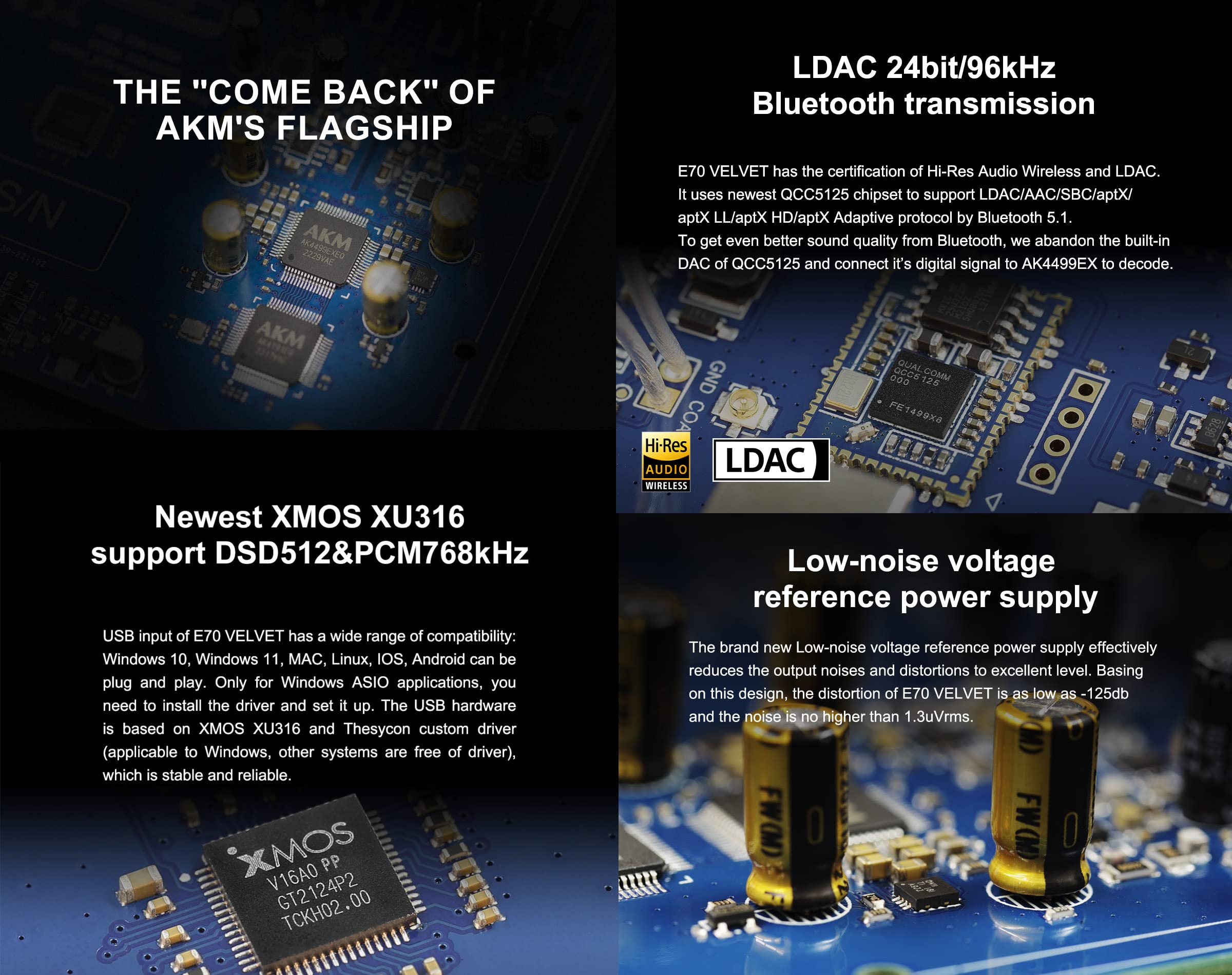 Topping E70 Velvet Ak4499Ex Dac Audio Decoder  Bluetooth5.1 Ldac Hi Res Xu316 32Bit/768Khz Dsd512 Bt/Usb/Coax/Opt Inputs Rca/Xlr Hifi Stereo Digital To Analog Convertor Black