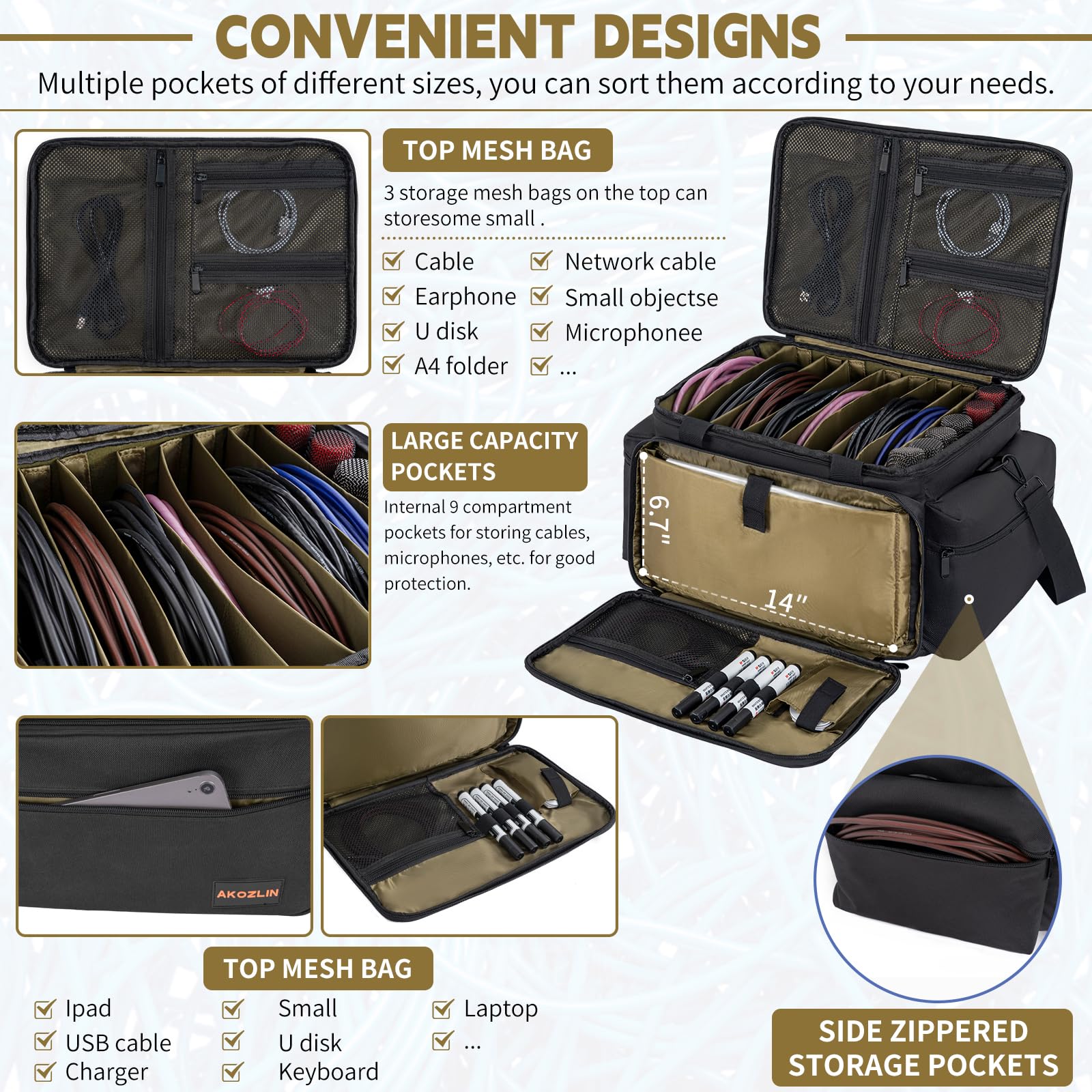 Akozlin Cable File Bag Dj Gig Bag Cord Organizer Case With Detachable Dividers For Laptop,Dj Gear, Sound Instrument And Music Eq