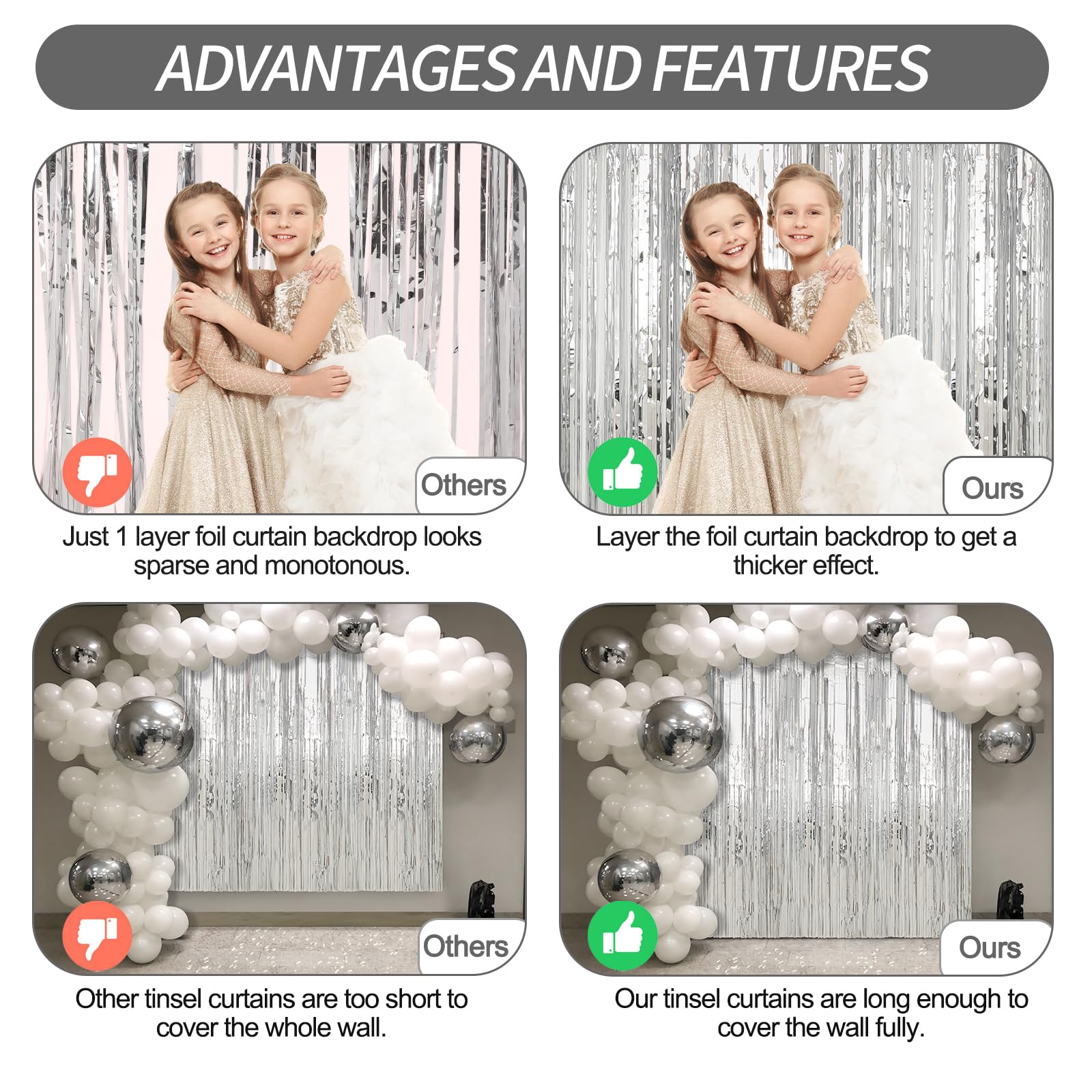 2 Pack Silver Foil Fringe Curtains Streamers Party Decorations 3.3 X 8.2 Ft, Tinsel Curtain Fringe Backdrop For Parties, Silver