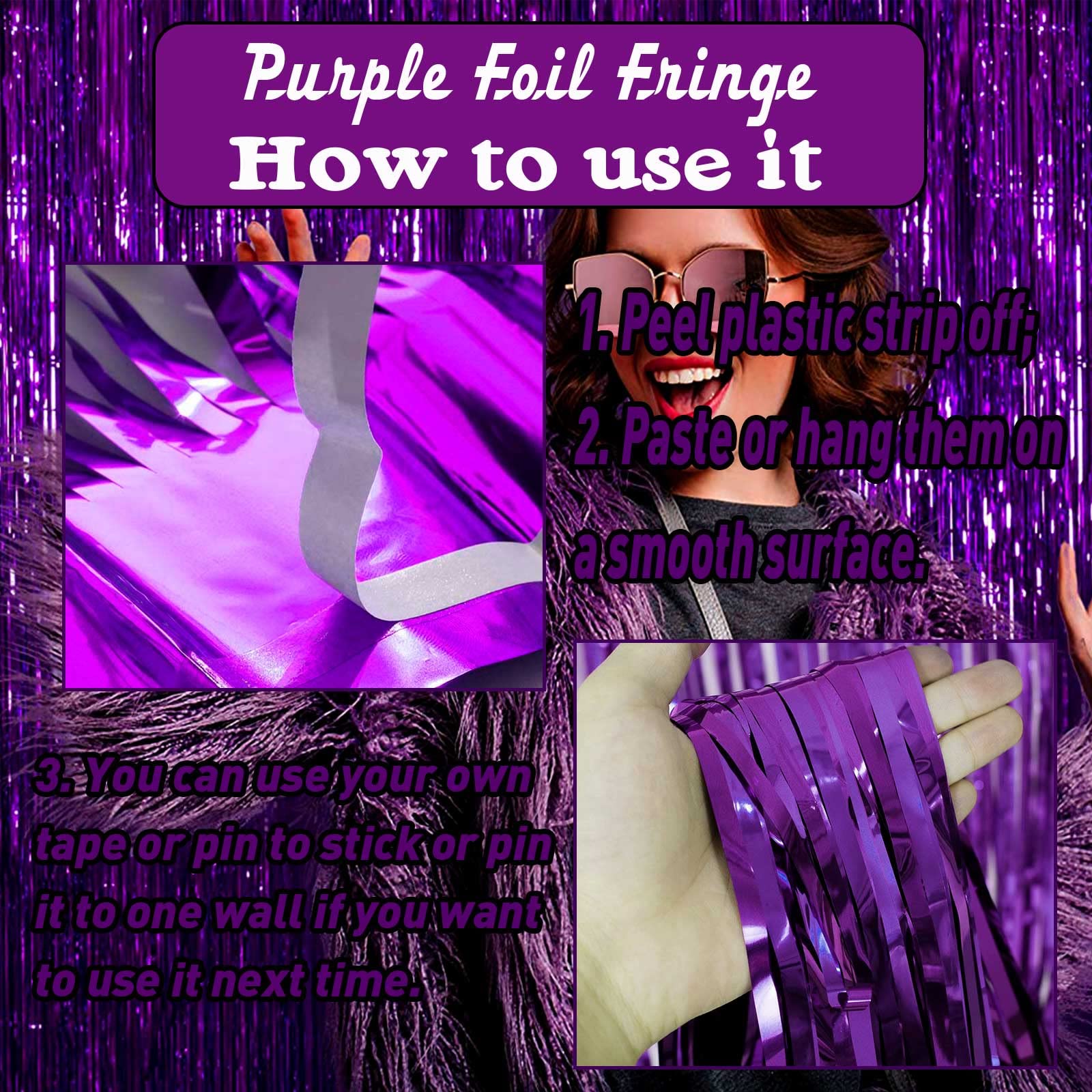 8 Pack Purple Tinsel Foil Fringe Curtain Backdrop, 3.28Ft X 8.2Ft Metallic Streamers For Photo Booth, Birthday, Wedding, Valenti