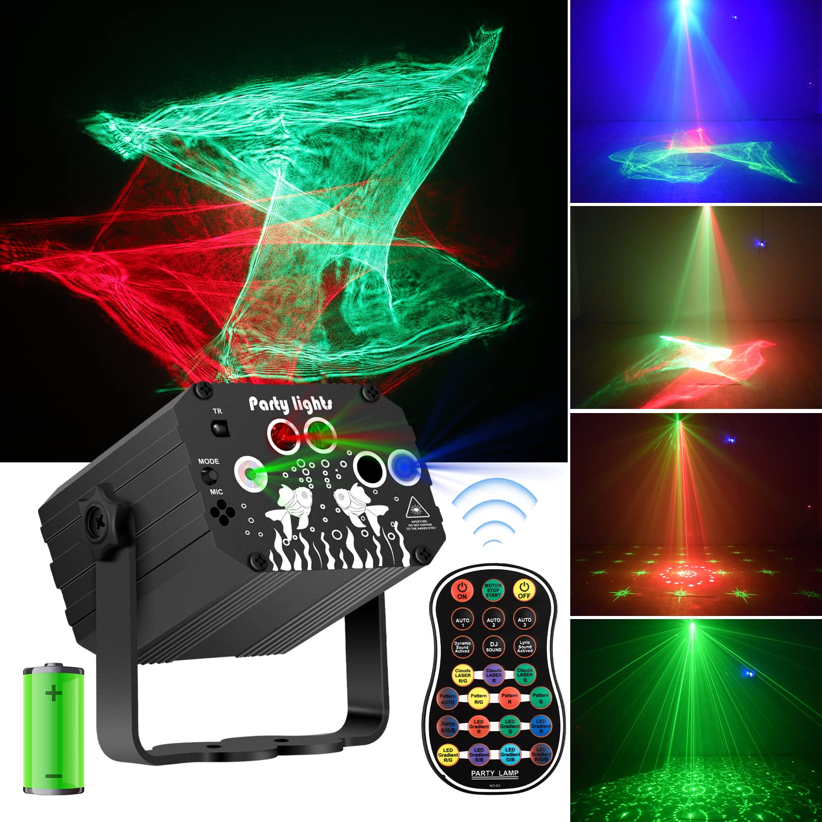 Enjoyedled DJ Disco Party Lights Battery Powered - Northern Laser Light Effect RGB Led Sound Activated Strobe Lighting with Remo