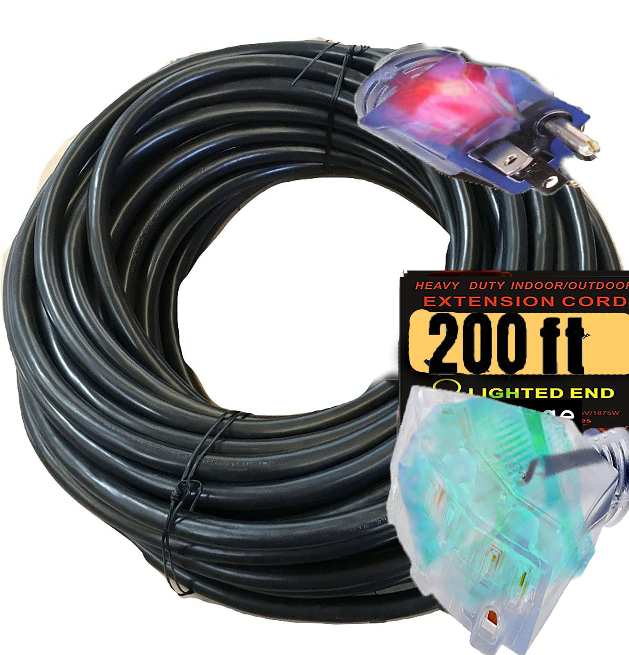 Pizety 200 ft Heavy Duty Extension Cord, 14 Gauge, Triple Outlet, Indoor/Outdoor, 125V, Black, Model bd2aa09a-8d96-4538
