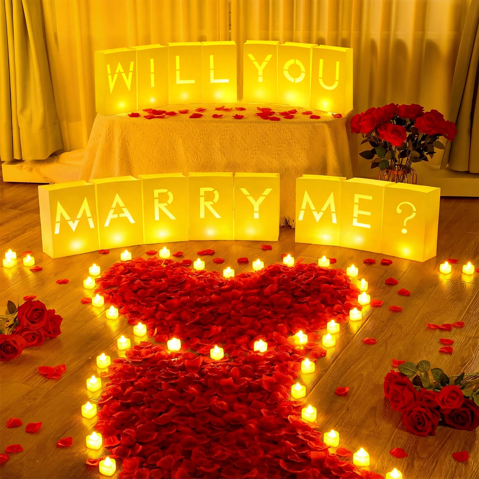 Tujoe 6087 Pcs Will You Marry Me Signs Proposal Decoration Set with 15 Light up Letters Sign, 72 LED Tea Lights, 6000 Rose Petal