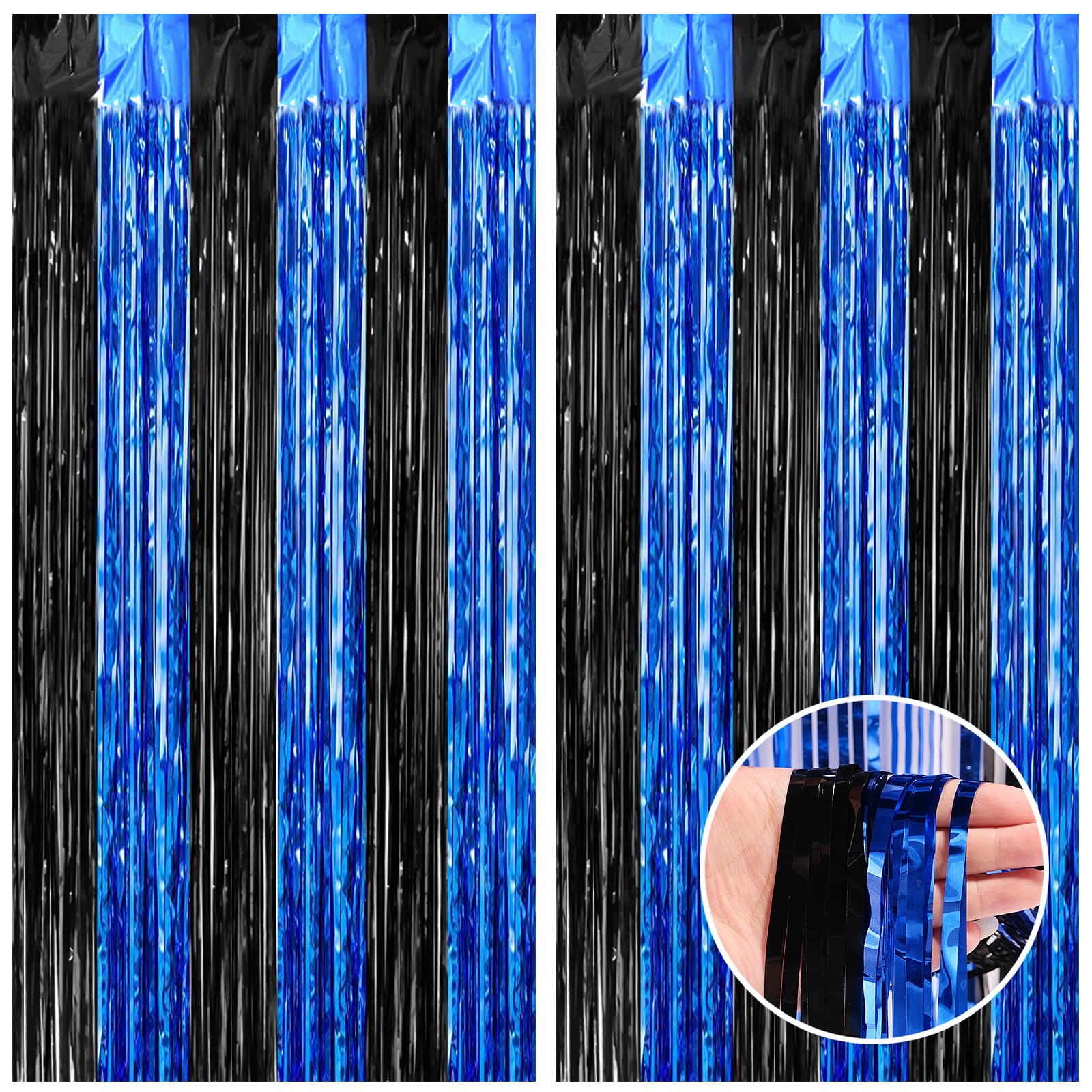 Canrevel 2 Pack 3.3X8.2 Feet Black And Blue Foil Fringe Backdrop Curtains, Tinsel Streamers For Ocean Birthday Party Decorations
