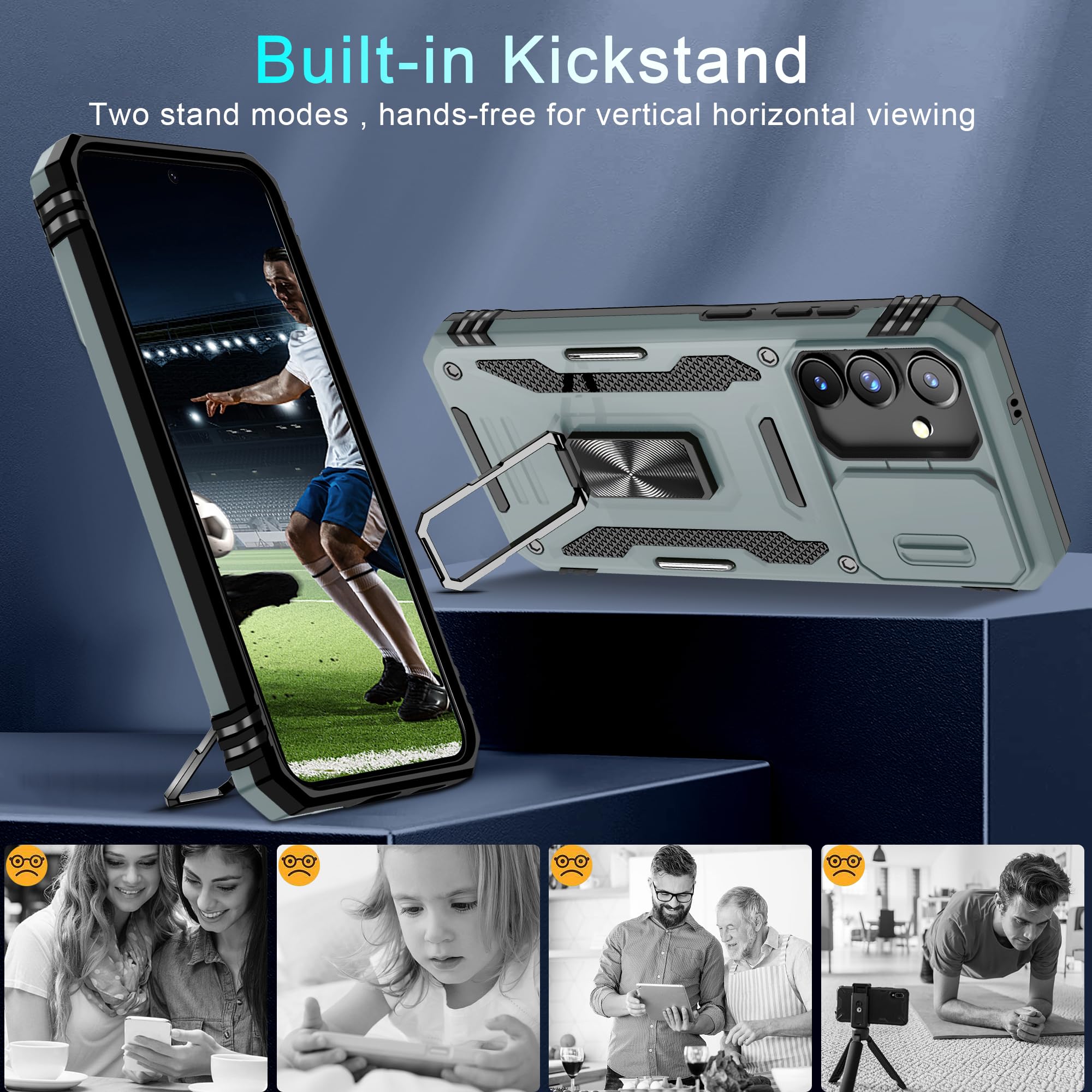 Deerlamn Case For Samsung Galaxy S24 Fe With Slide Camera Cover+Screen Protector(1 Pack), Rotated Ring Kickstand Military Grade