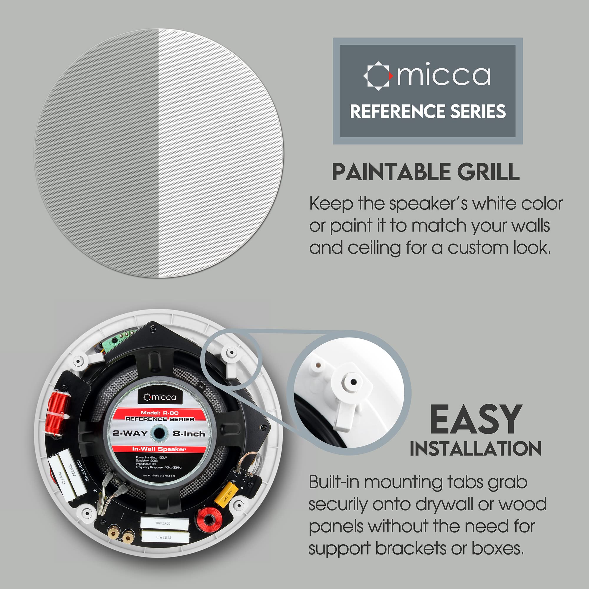 Micca Reference Series R-8C 2-Way In Ceiling In Wall Speaker, 8 Inch Woofer, 1-Inch Pivoting Aluminum Dome Tweeter, Tone Control