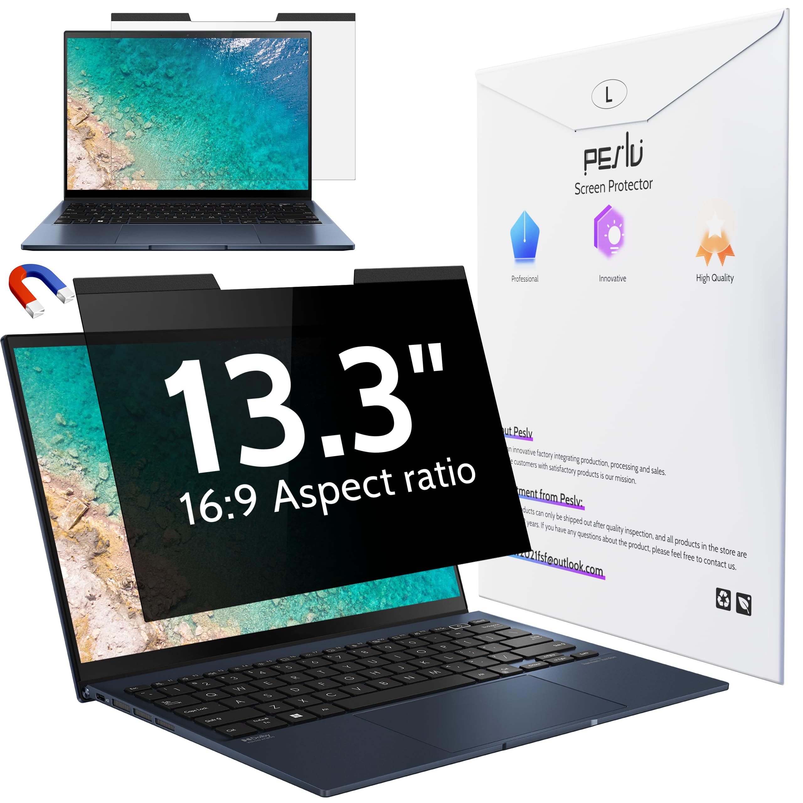 Peslv Magnetic Laptop Privacy Screen 13.3 Inch For 16:9 Computer Monitor, 13'' Removable Anti Glare Protector Blue Light Filter 