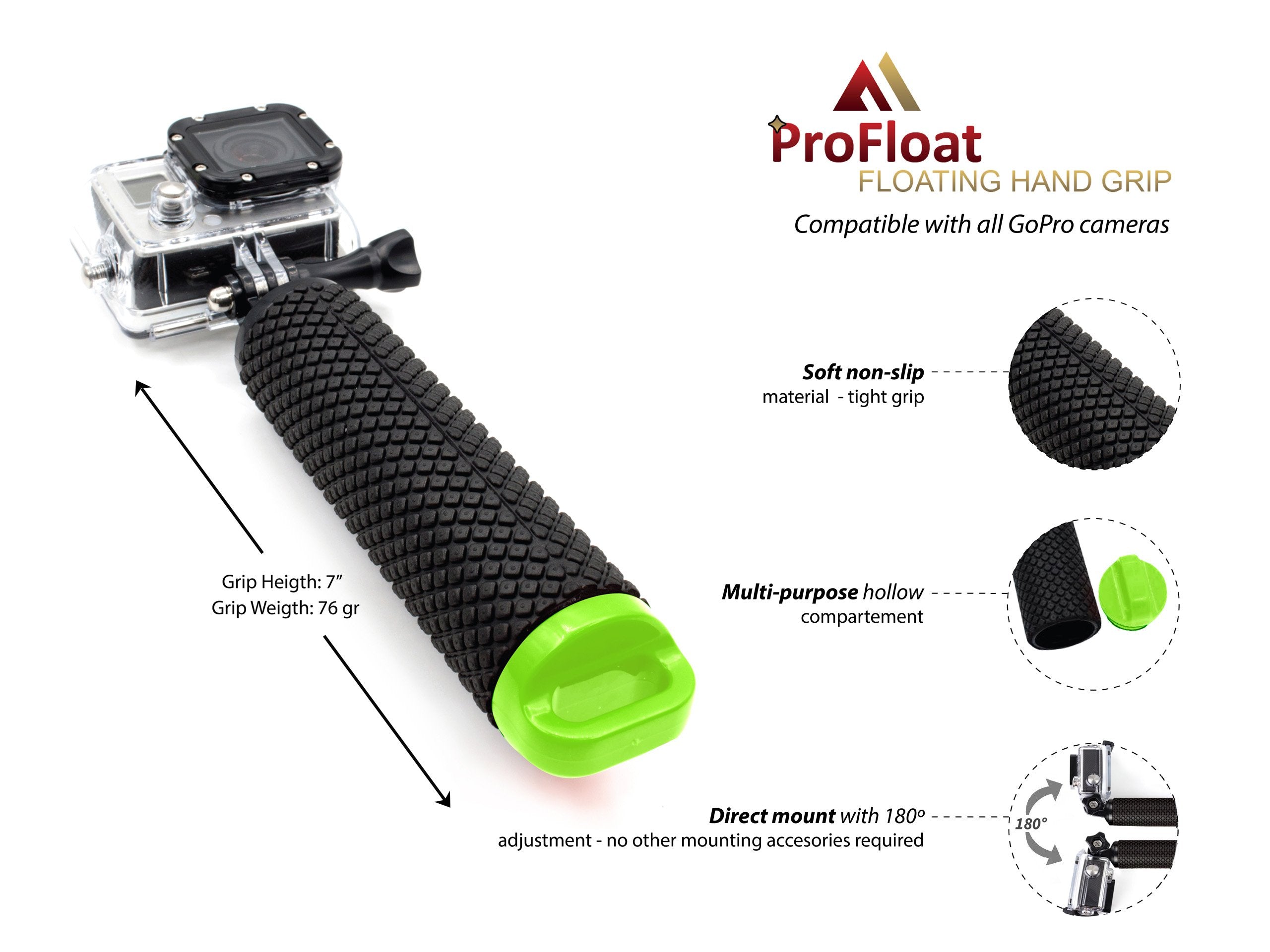 Mipremium Waterproof Floating Hand Grip Compatible With Gopro Cameras Hero 12 11 10 9 8 7 6 5 4 3 2 Session Black Silver Handler And Handle Mount Accessories For Water Sport & Action Cameras (Green)