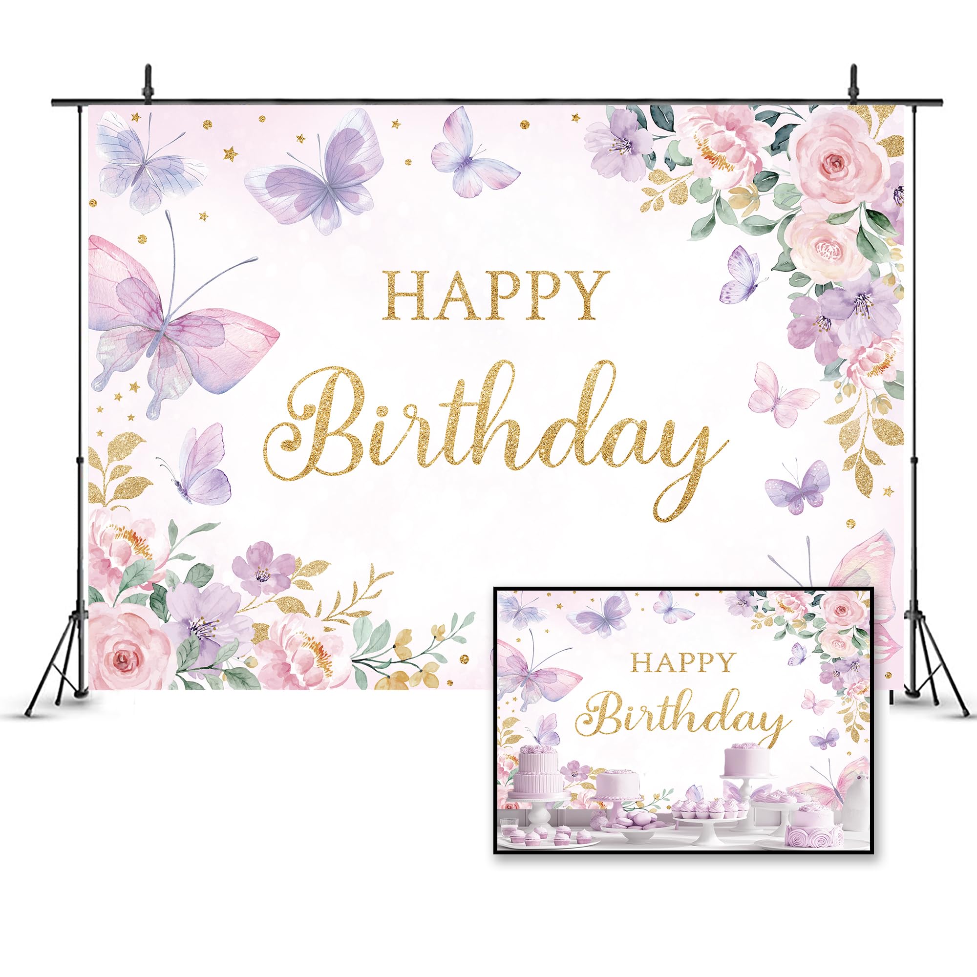 Ufeela Butterfly Floral Happy Birthday Backdrop 7Wx5H Feet Fabric Polyester For Girl Women Pink Purple Flower Watercolor Rose Bl