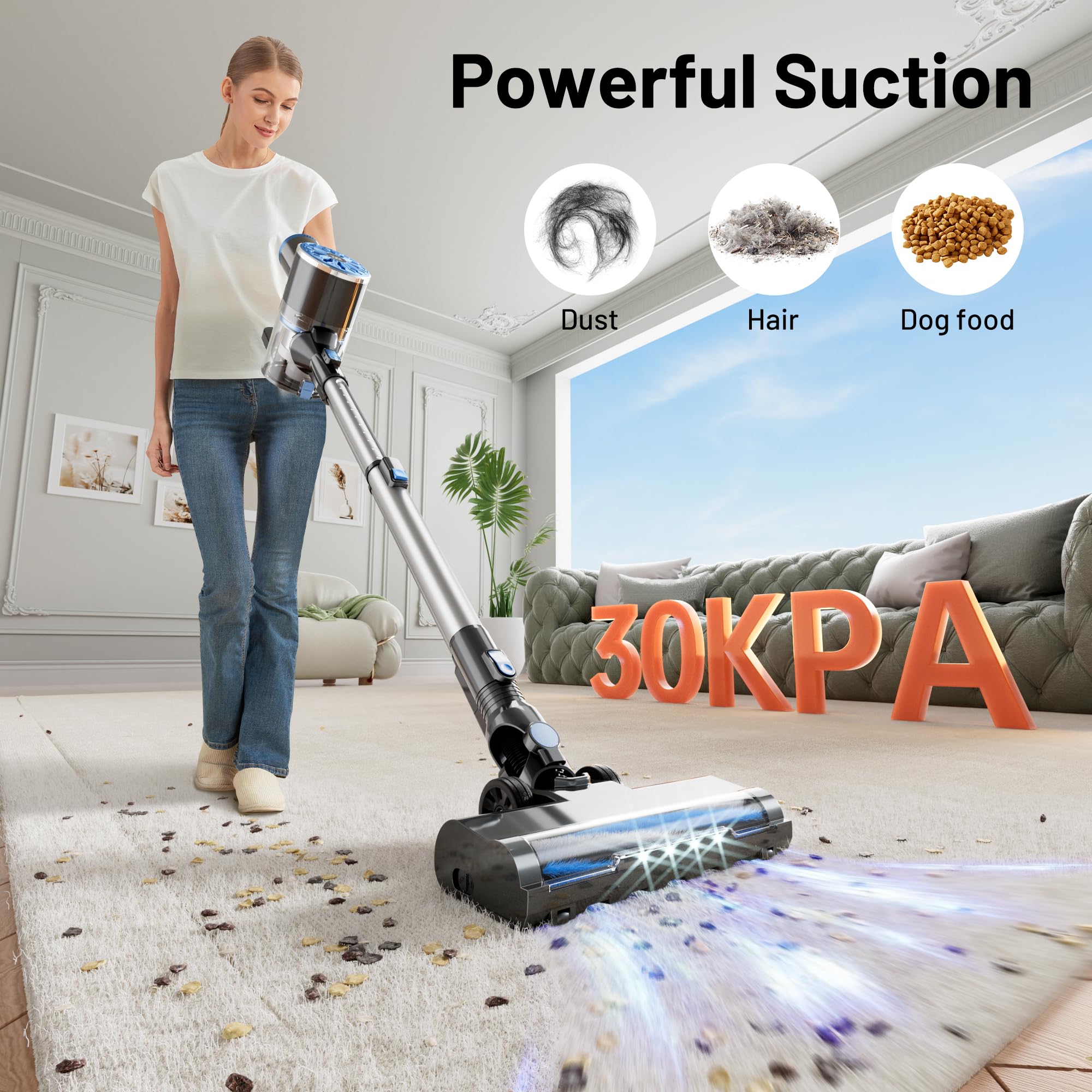 Cordless Vacuum Cleaner With Self Standing, Led Screen Stick Vacuum Cleaners For Home, Lightweight Powerful Suction Vacuum, 6 In