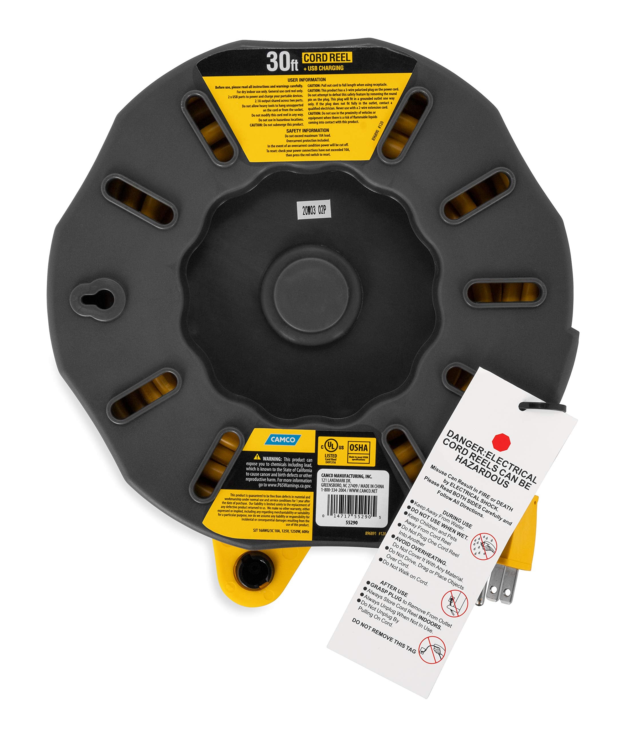 Camco Power Grip 30 Foot Extension Cord Reel With Usb Charging Ports | Provides An Extended Length To Power Your Equipment And D