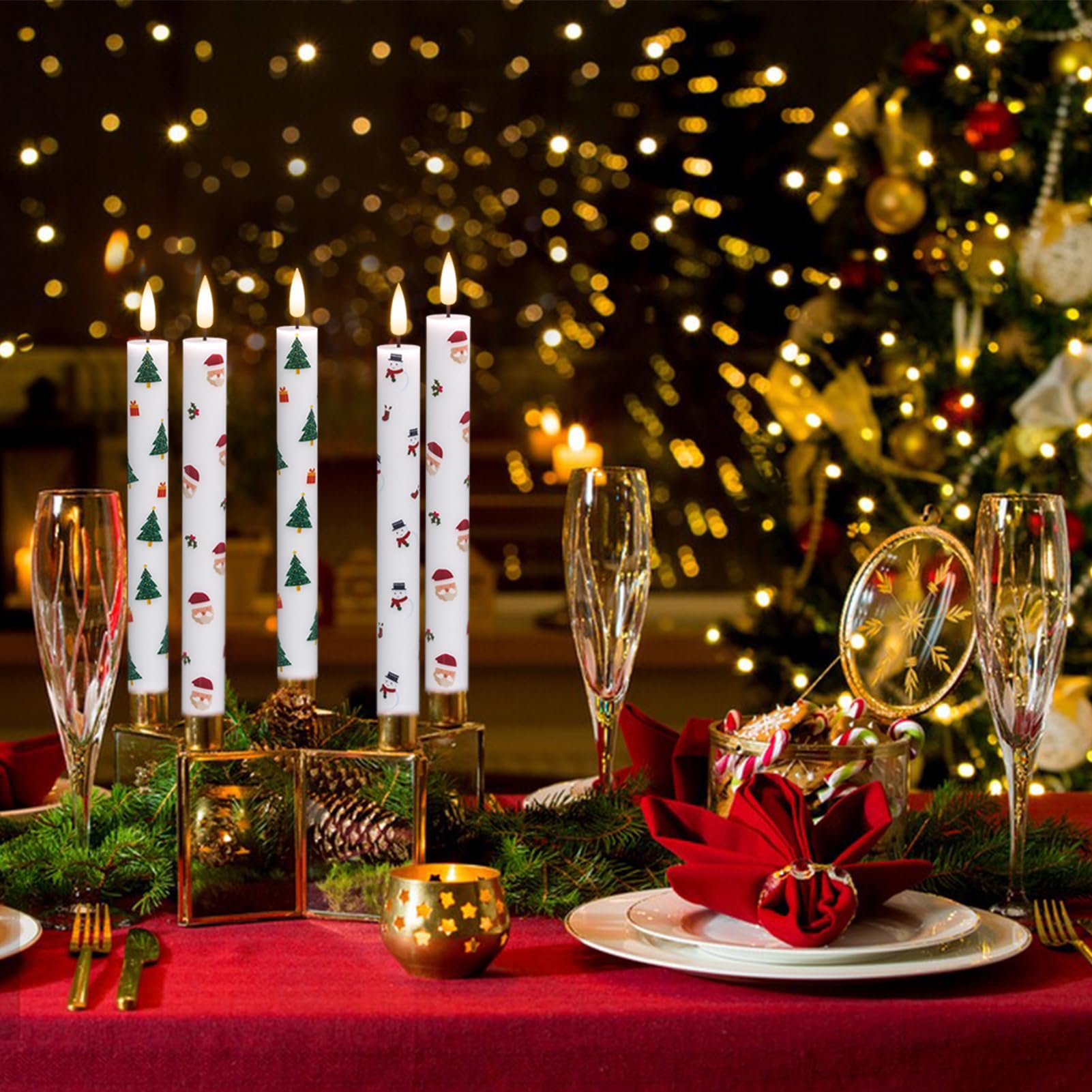 Eldnacele Christmas Taper Flameless Candles Remote And Timer, Battery Operated 3D Wick Flickering Christmas Tree,Santa,Snowman D
