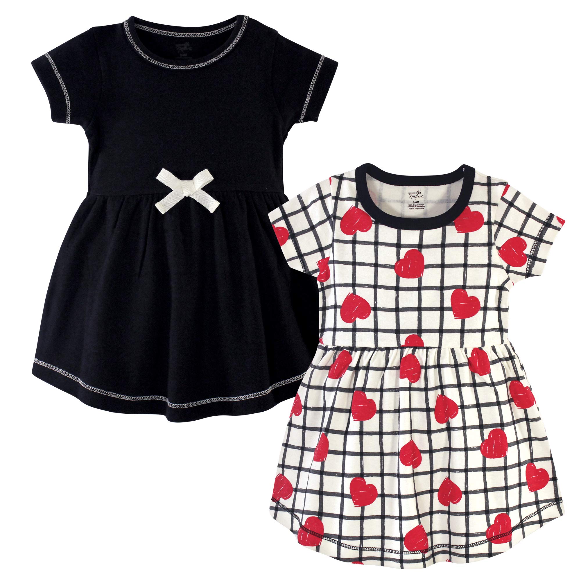 Touched By Nature Girls, Toddler, Baby And Womens Organic Cotton Short Sleeve And Long Sleeve Dresses, Black Red Heart Short Sle