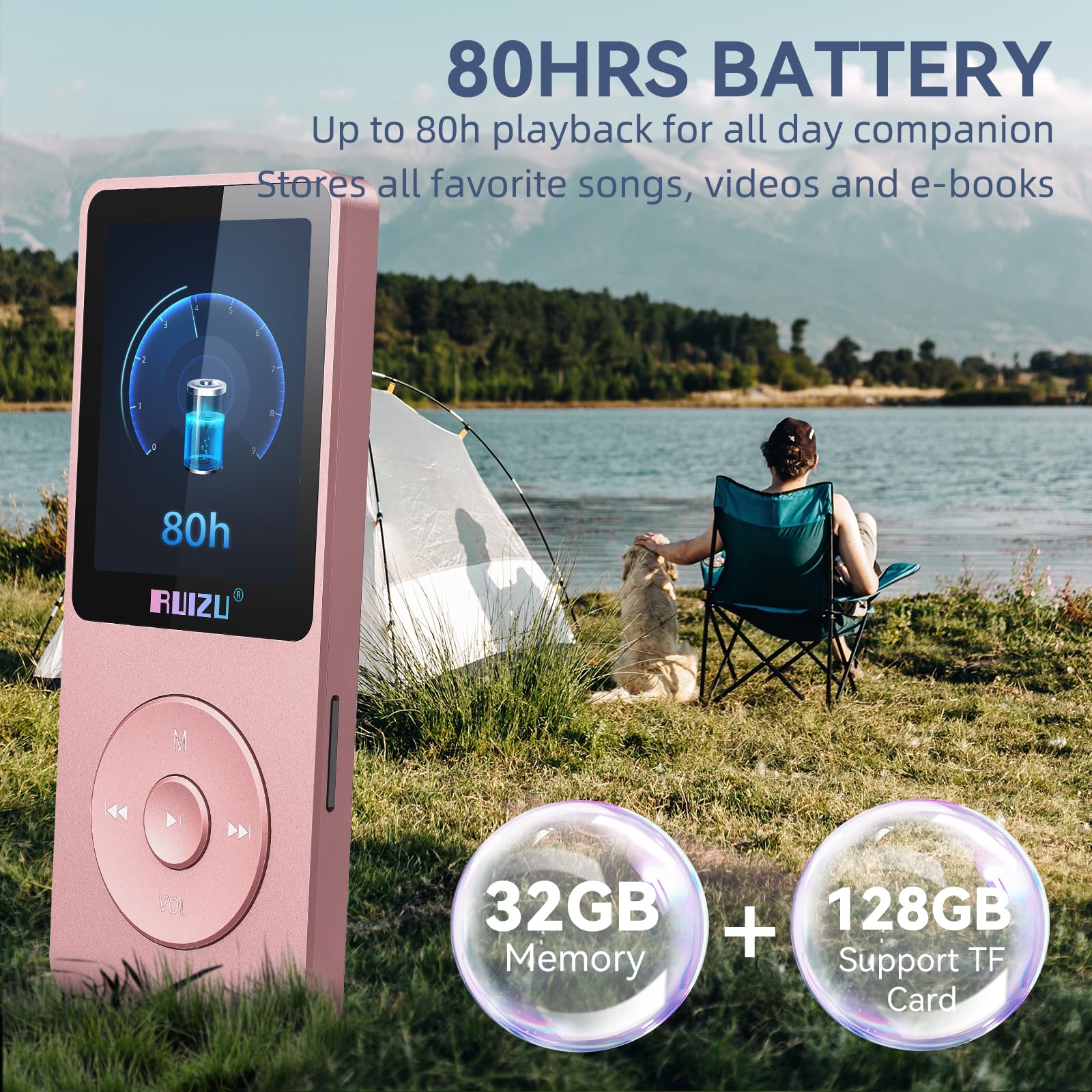 Ruizu 32Gb Mp3 Player With Bluetooth 5.3, 1.8' Screen Portable Music Player, Fm Radio, Voice Recording, Ebook, Shuffle Single Loop, 80H Digital Audio Video Playback, Lightweight, Support 128Gb Tf Card