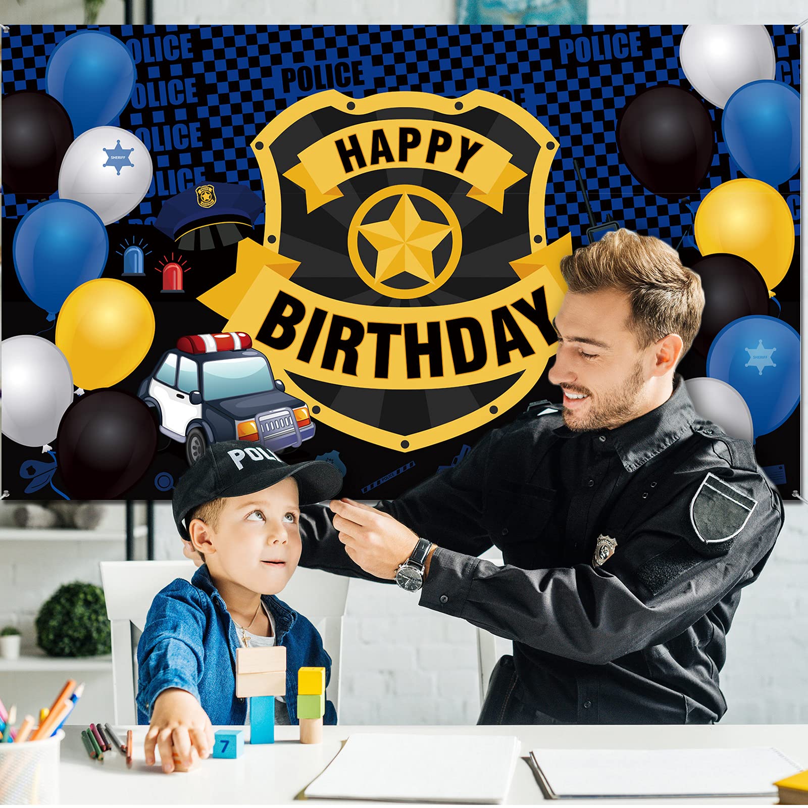 Police Theme Happy Birthday Party Decorations Police Large Badge Banner Backdrop Wall Large Police Booth Car Background For Poli