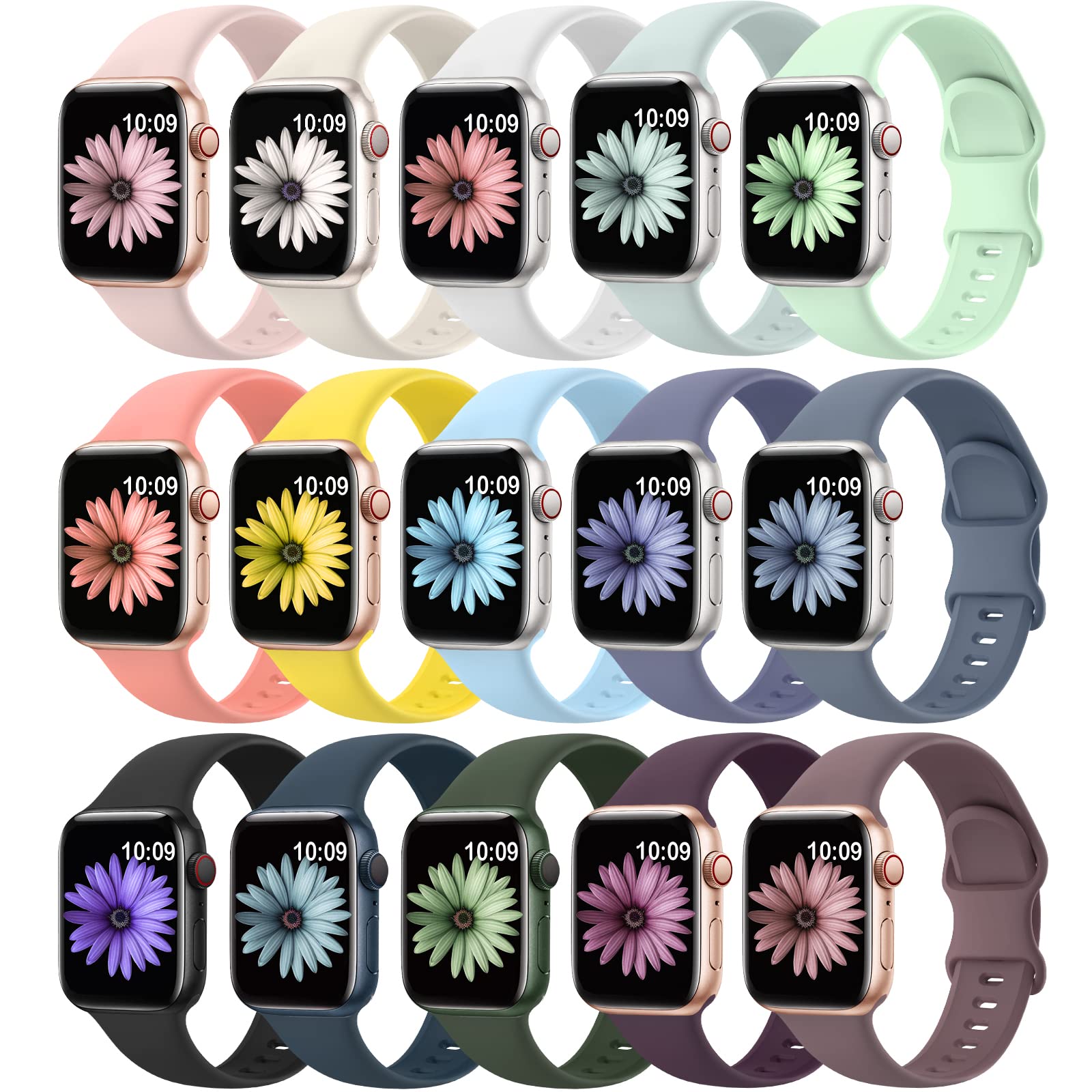 15 Pack Soft Silicone Bands Compatible With Apple Watch Band 40Mm 41Mm 38Mm 45Mm 44Mm 42Mm For Women Men,Waterproof Sport Iwatch