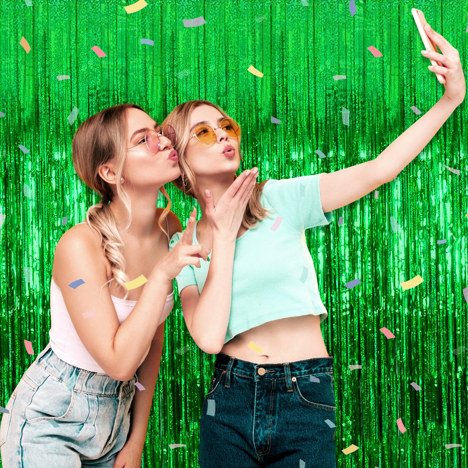 3 Pack Green Foil Fringe Curtain Backdrop, 3.28Ft X 8.2Ft Metallic Tinsel Foil Fringe Streamer Curtains For Photo Booth, Valenti