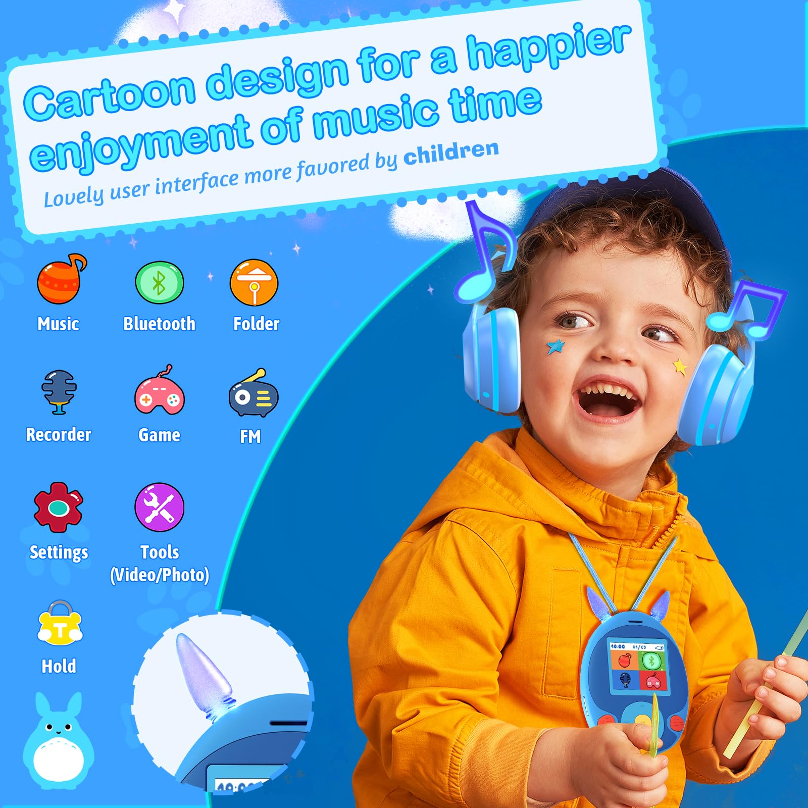 Blukasa 64Gb Mp3 Player For Kids, Kids Mp3 Player With Bluetooth, Front Speaker, Games, Recorder, Ear Lights, Alarm, Kids Music